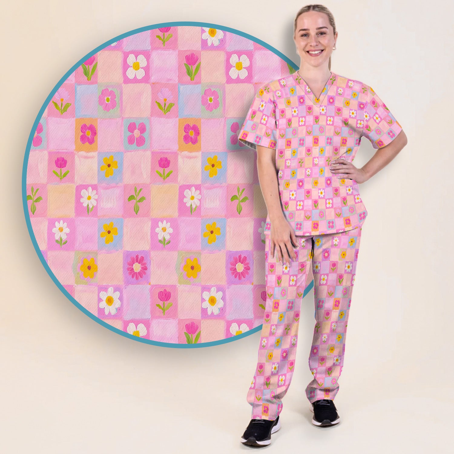 Colorful Mixed Flowers Pattern Scrubs Sets, Breathable Med Uniform
