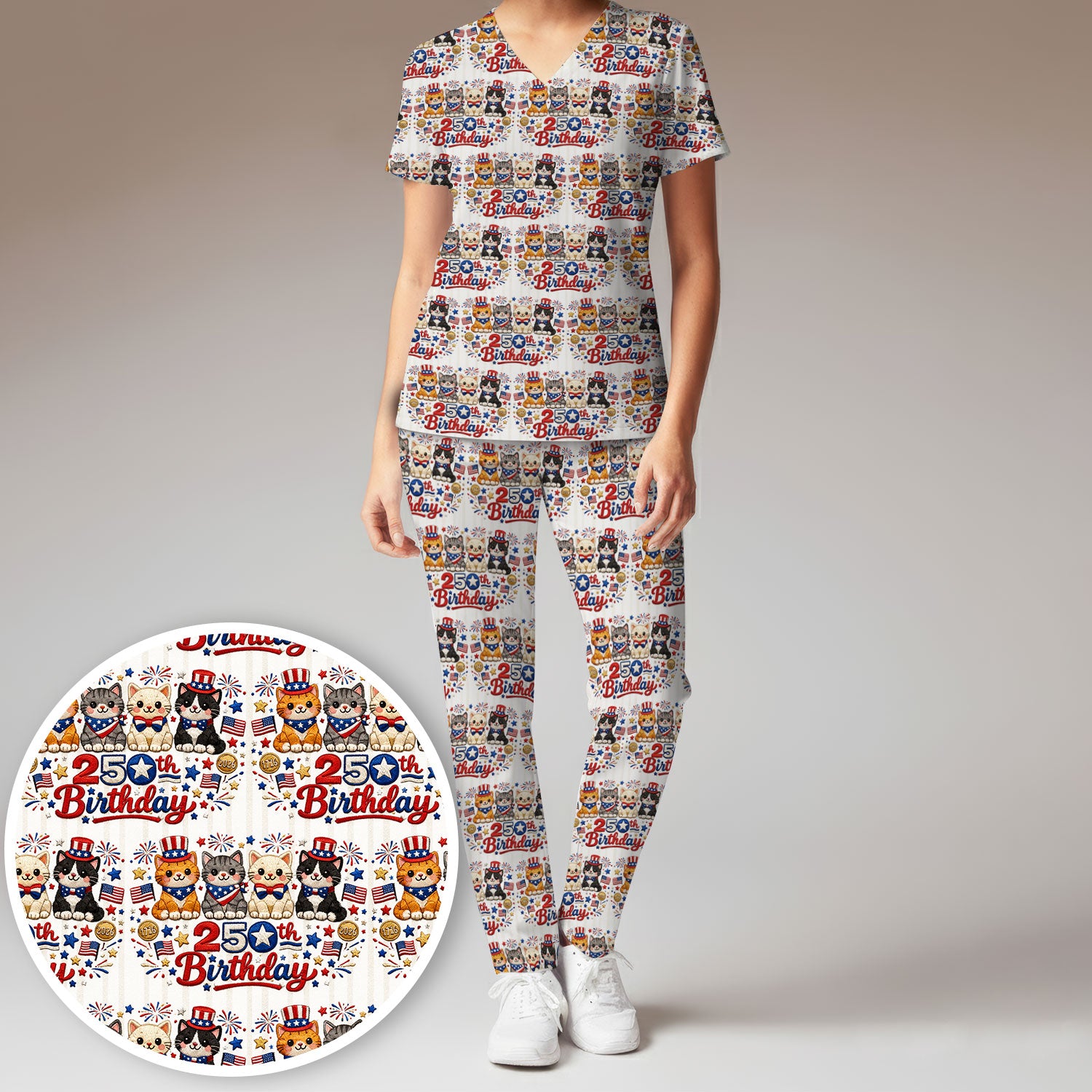 America 250th Anniversary Cat Pattern Scrub Set, Scrub Pants and V Neck Top
