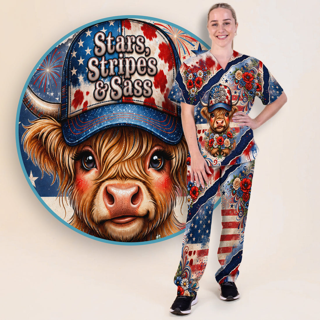 Patriotic Highland Cow Pattern, Healthcare Workers Scrub Set, Scrub Pants and V Neck Top