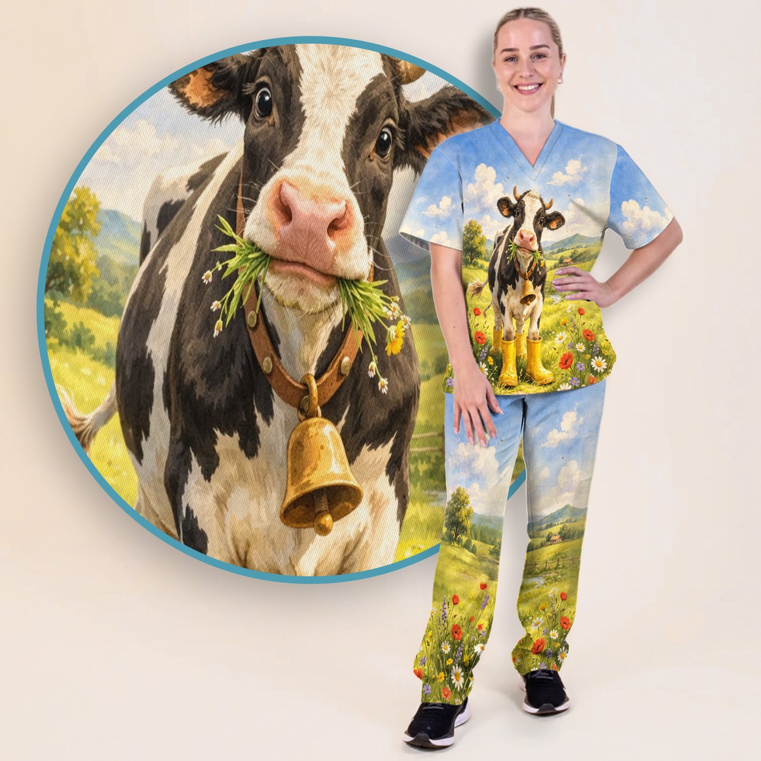 Cute Cow Wearing Boots Meadow Scene Pattern Scrub Set, Scrub Pants and V Neck Top