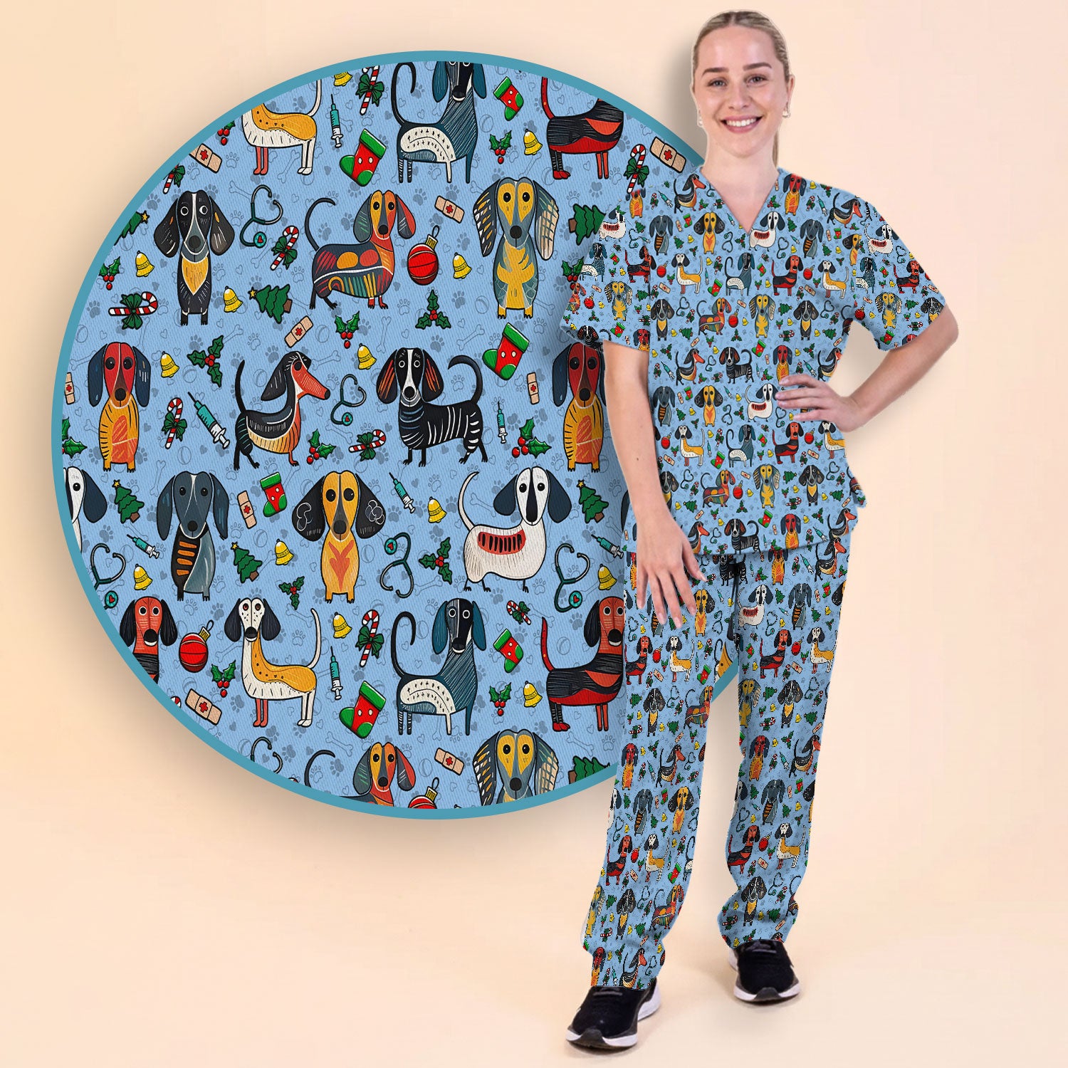 Christmas Wiener Dog Scrub Set - Funny Sausage Dog Pants and V Neck Top - Holiday Medical Uniform