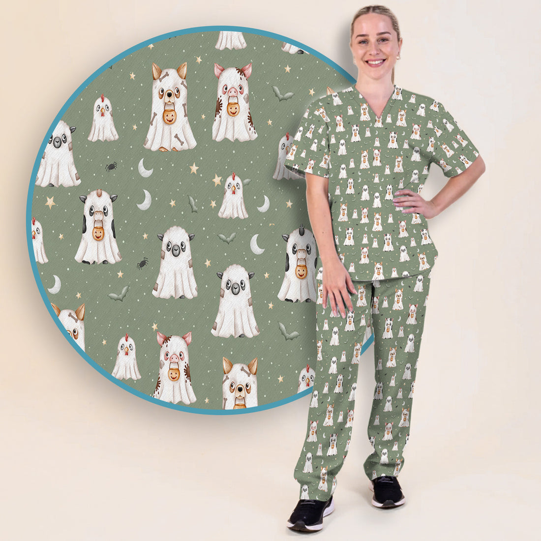 Spooky Farm Animal Ghost Scrub Set, Scrub Pants and V Neck Top