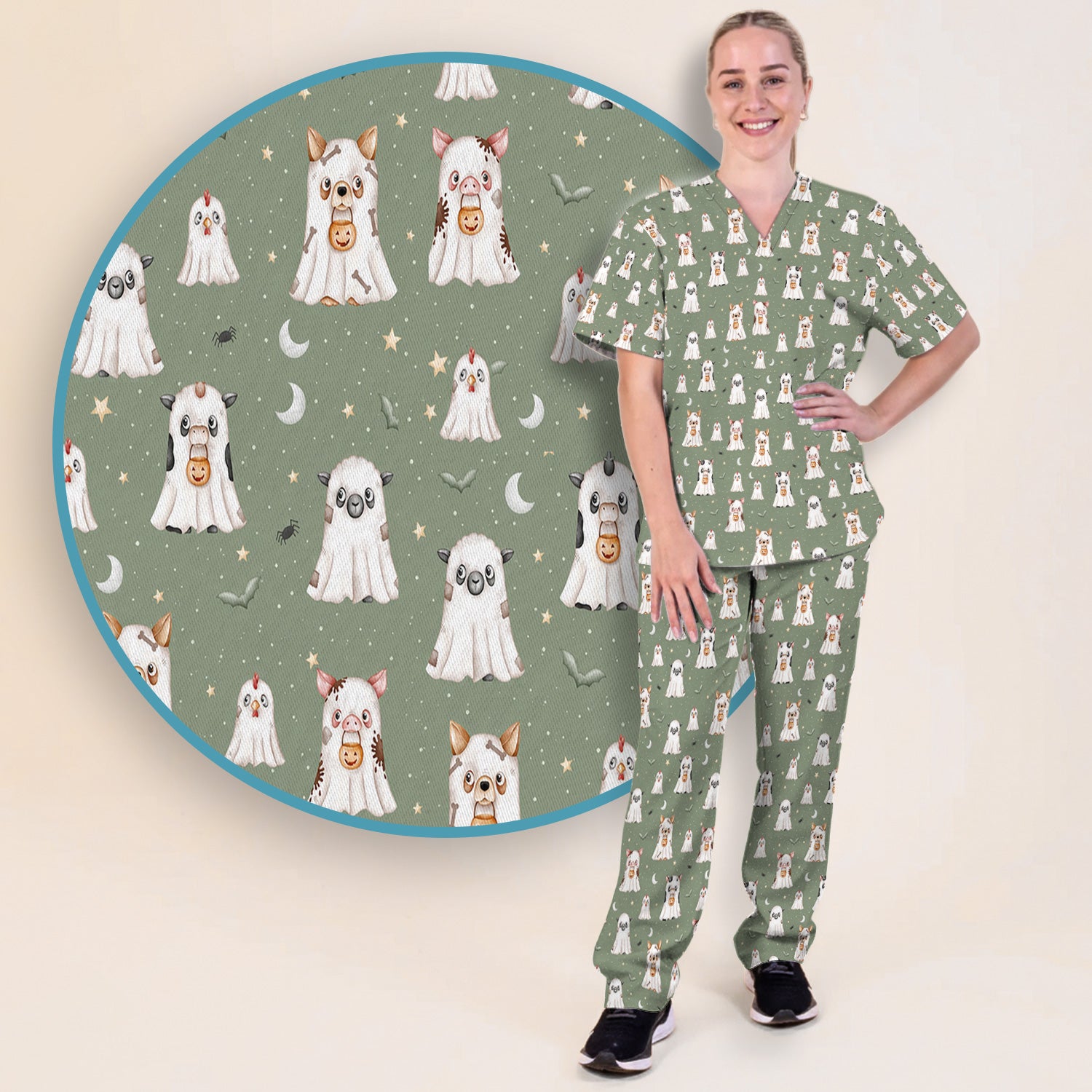 Spooky Farm Animal Ghost Scrub Set, Scrub Pants and V Neck Top