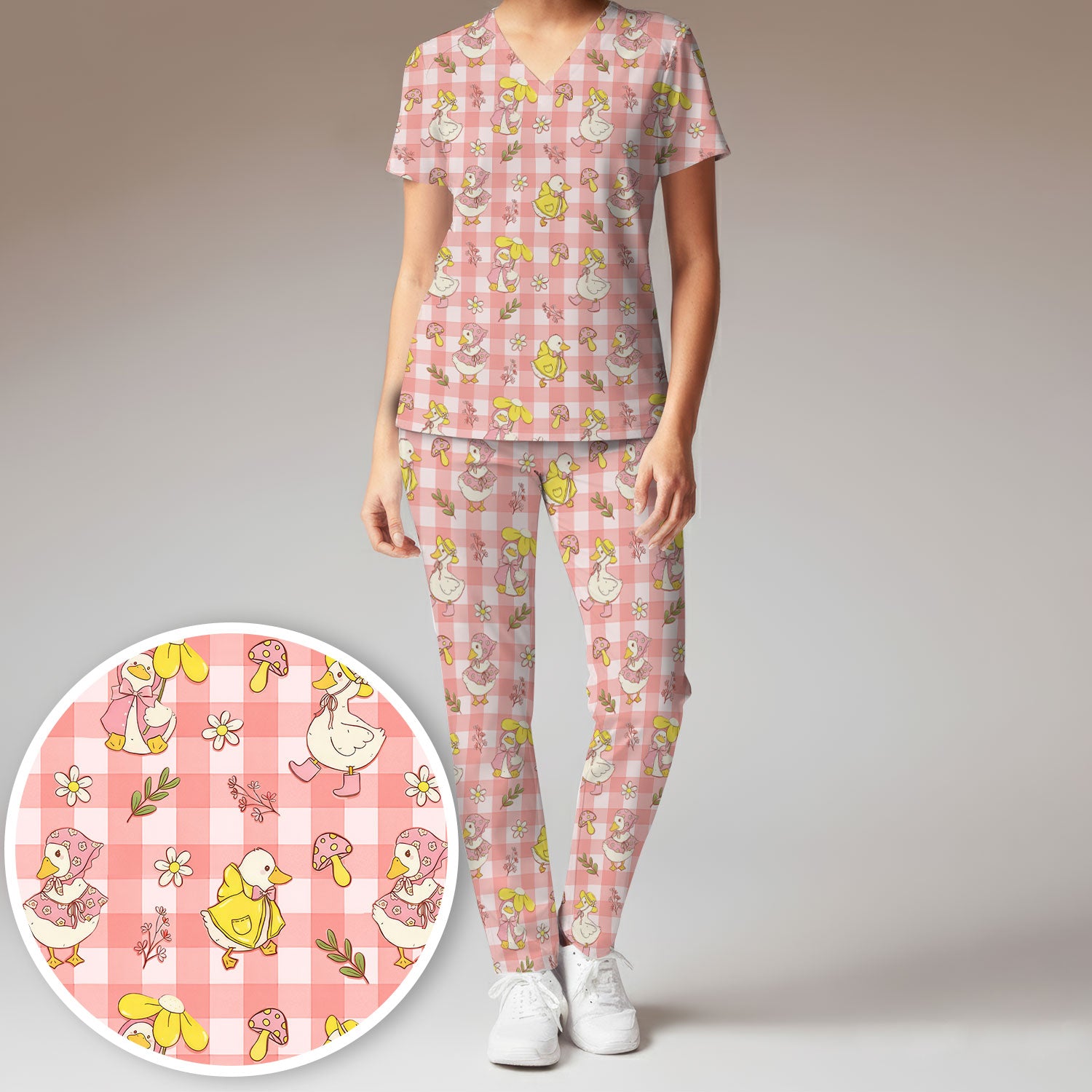 Cute Duck Outfit Gingham Pattern Scrub Set, Scrub Pants and V Neck Top