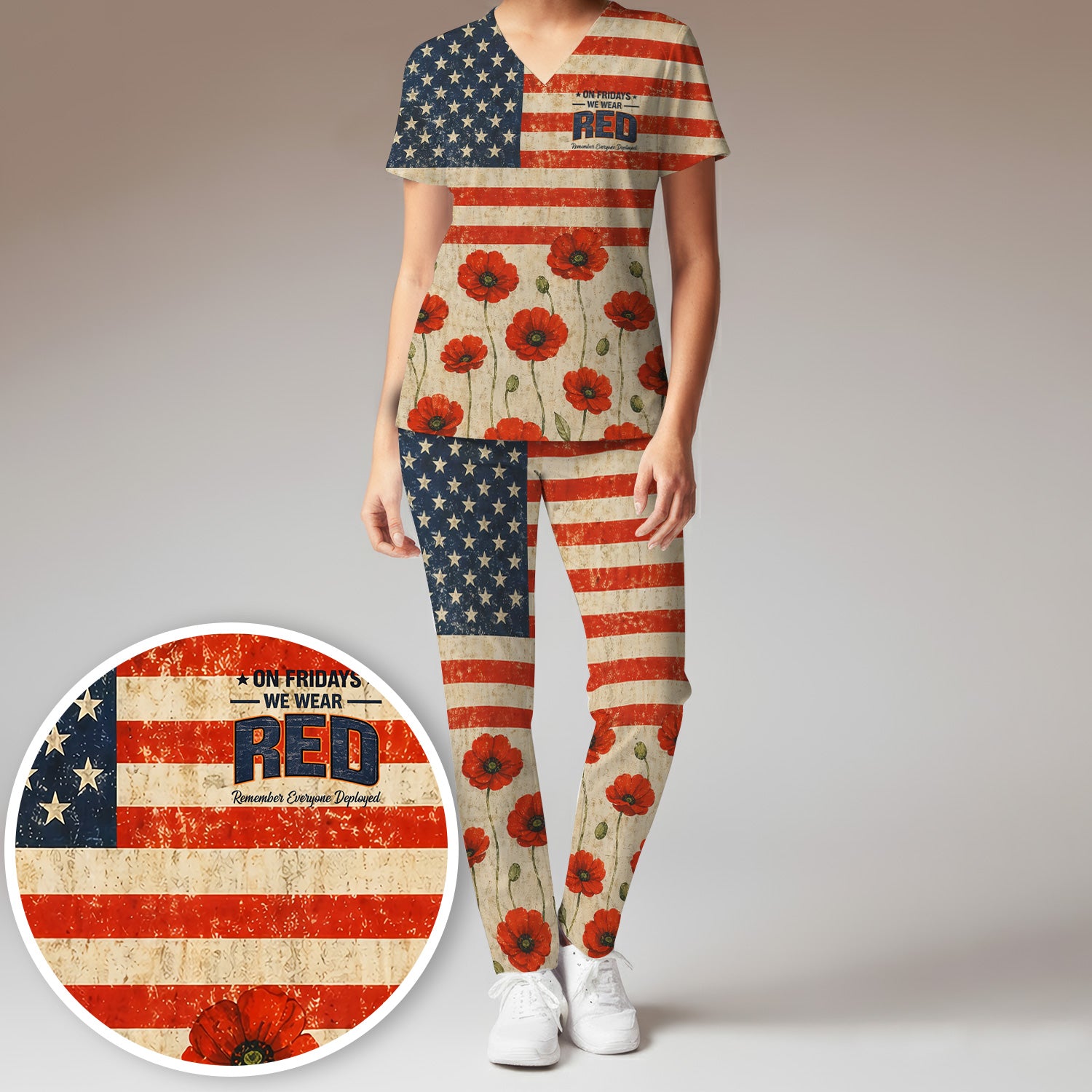 Patriotic American Flag Poppy Flower Pattern Scrub Set, Scrub Pants and V Neck Top