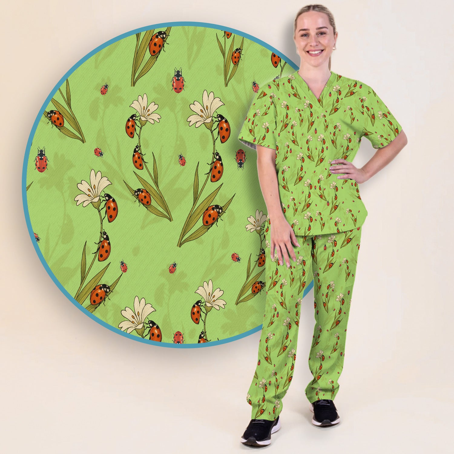 Fresh Daisy Ladybug Garden Pattern Scrub Set, Nurse Uniform Scrubs Set
