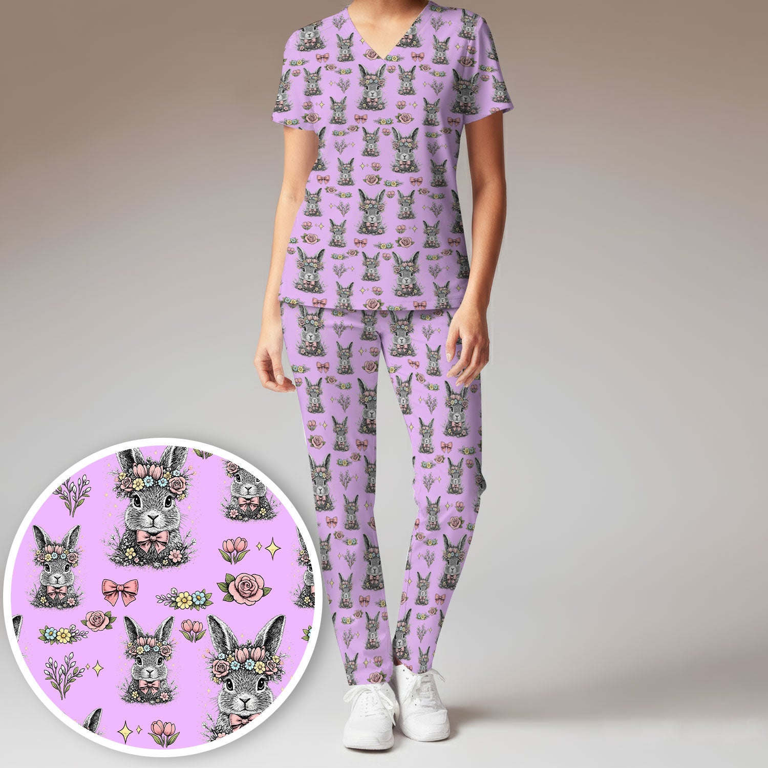 Vintage Floral Bunny Print Scrub Set, Scrub Pants and V Neck Top