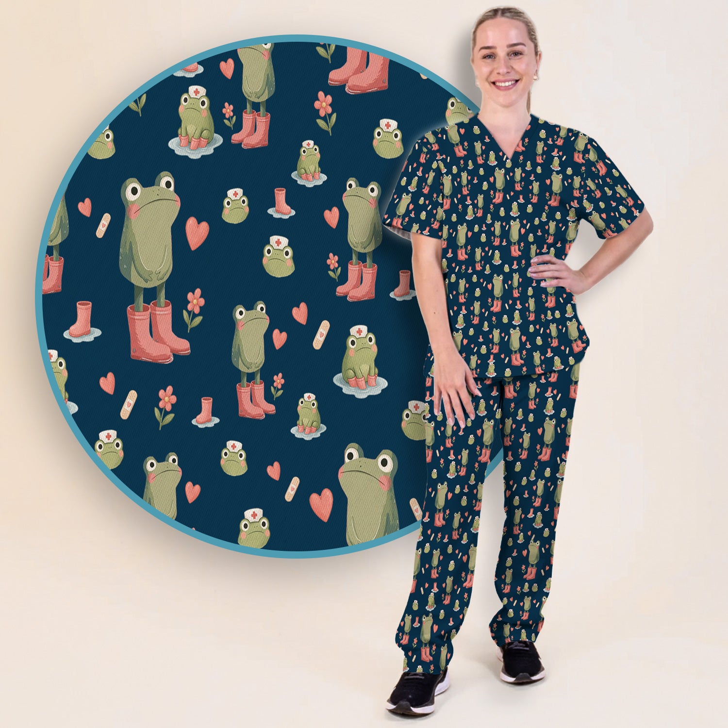 Adorable Frog Boots Heart Pattern Scrub Set, Nurse Uniform Scrubs Set