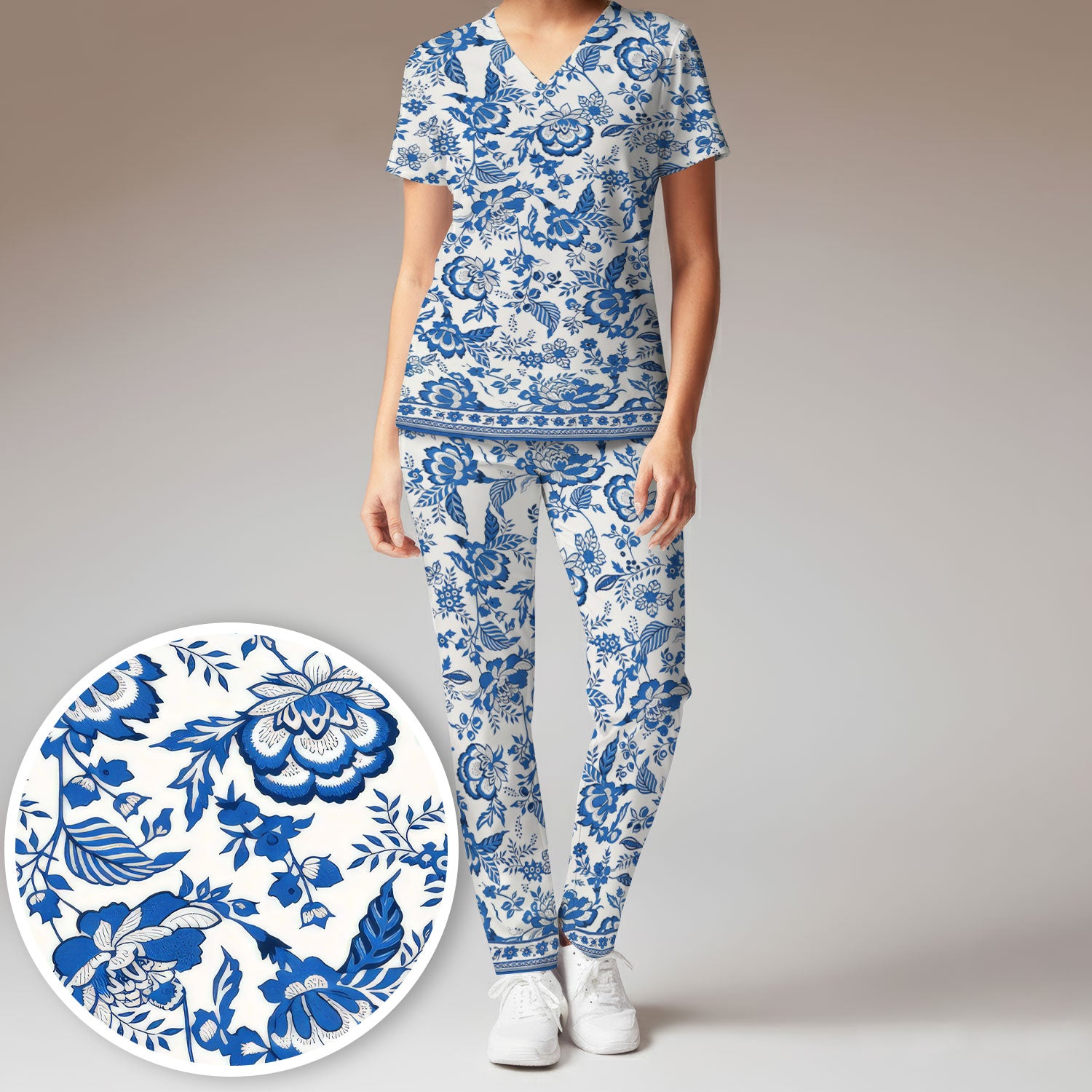 Toile De Jouy Scrub Set For Women, Floral Pattern Nurse Shirt, Comfortable Scrubs For Nursing