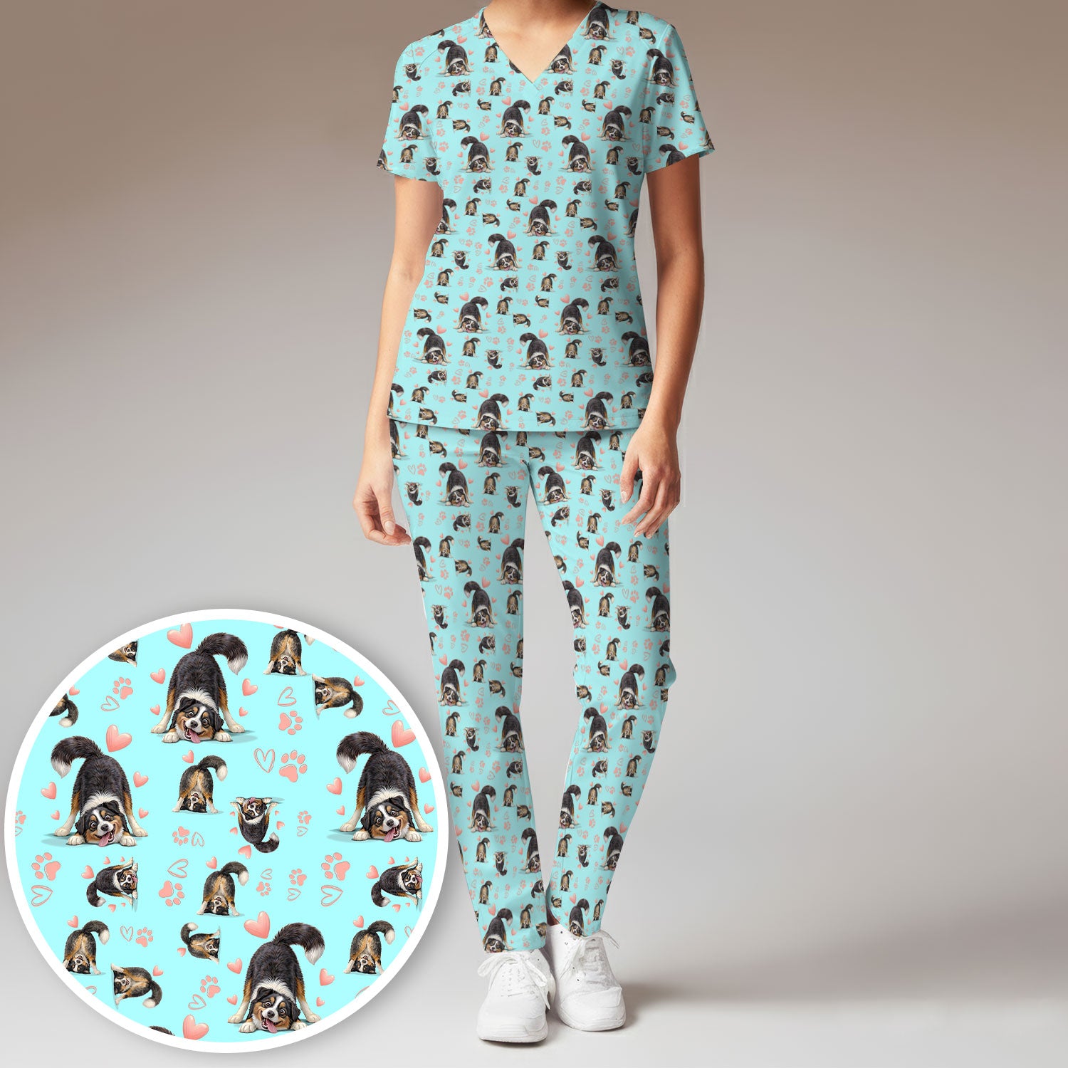 Playful Dog Heart Medical Print Scrub Set, Breathable Med Uniform