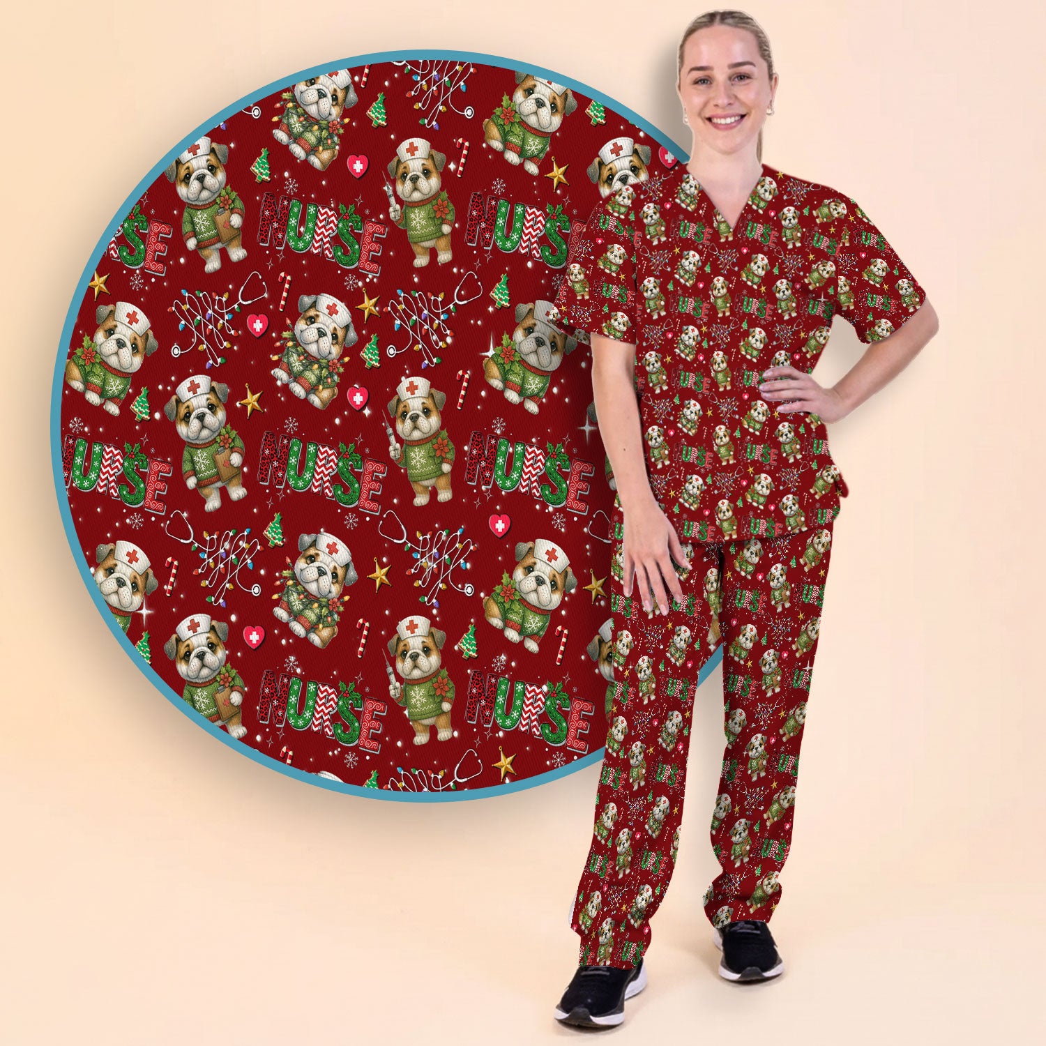 Bulldog Christmas Nurse Scrub Set - Funny Dog Scrubs Pants and V Neck Top - Cute Holiday Medical Uniform