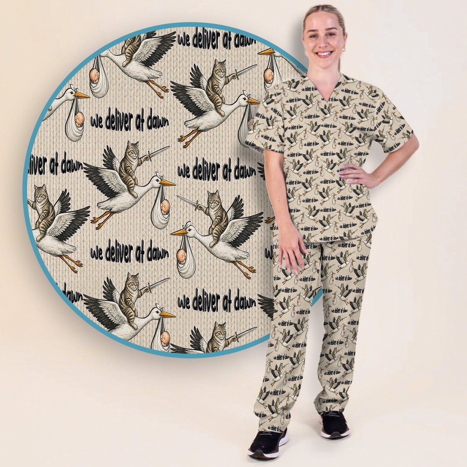 Funny Stork Cat Delivery Pattern Scrub Set, Scrub Pants and V Neck Top