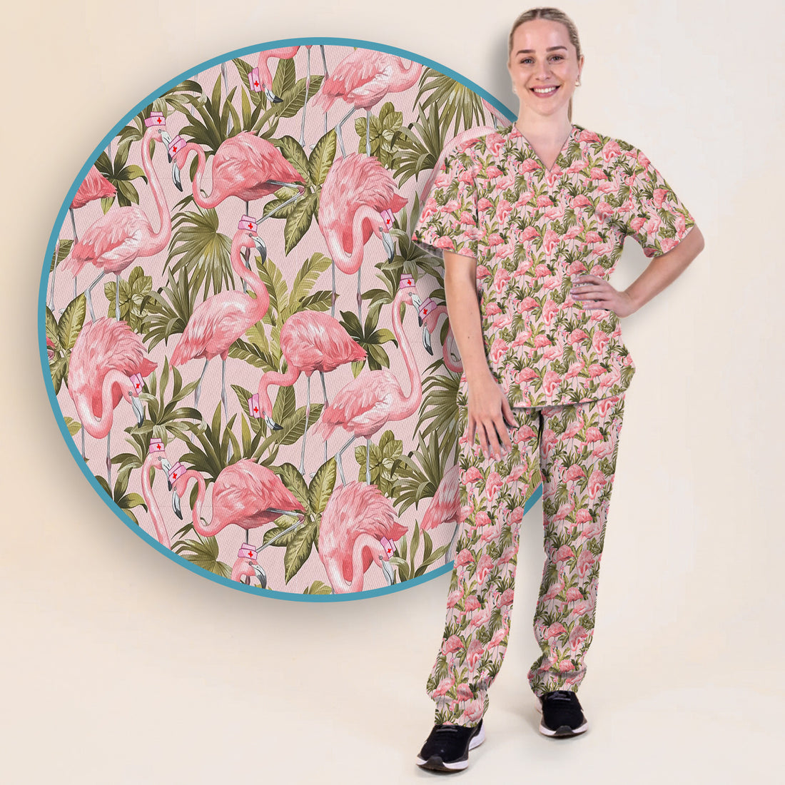 Pink Flamingo Jungle Leaves Pattern Scrub Set, Scrub Pants and V Neck Top