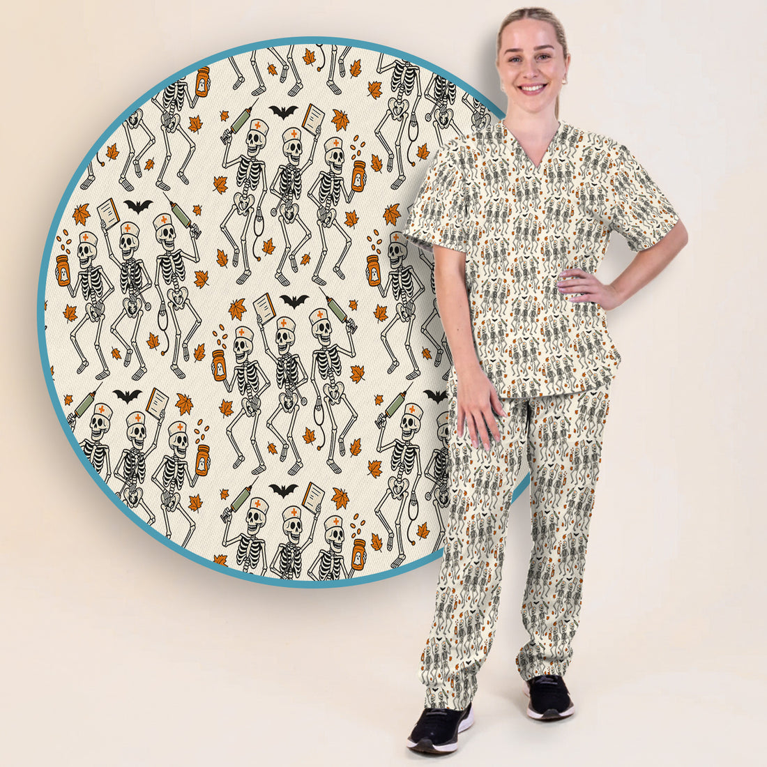 Funny Halloween Skeleton Pattern Scrub Set, Scrub Pants and V Neck Top