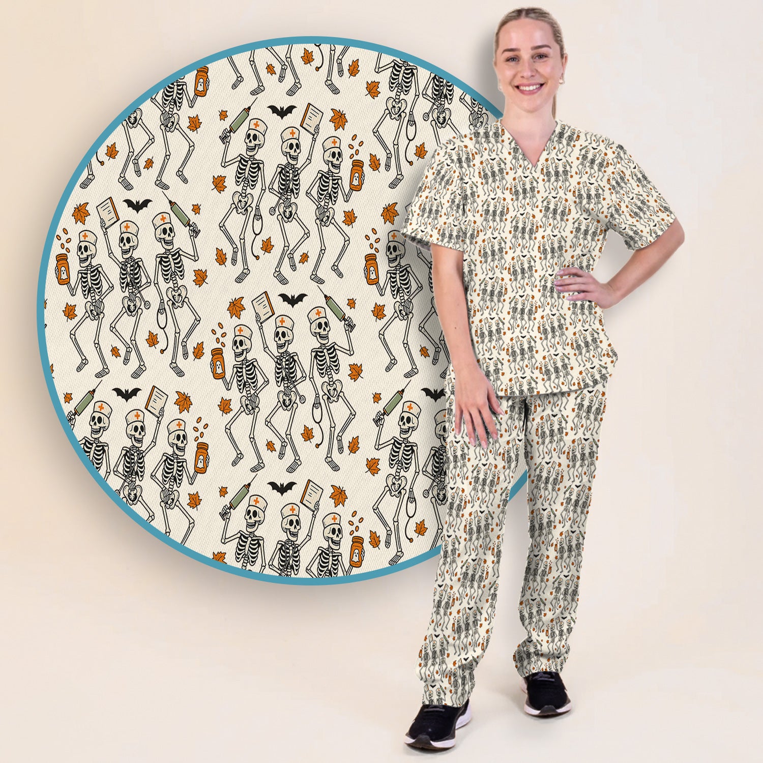 Funny Halloween Skeleton Pattern Scrub Set, Scrub Pants and V Neck Top