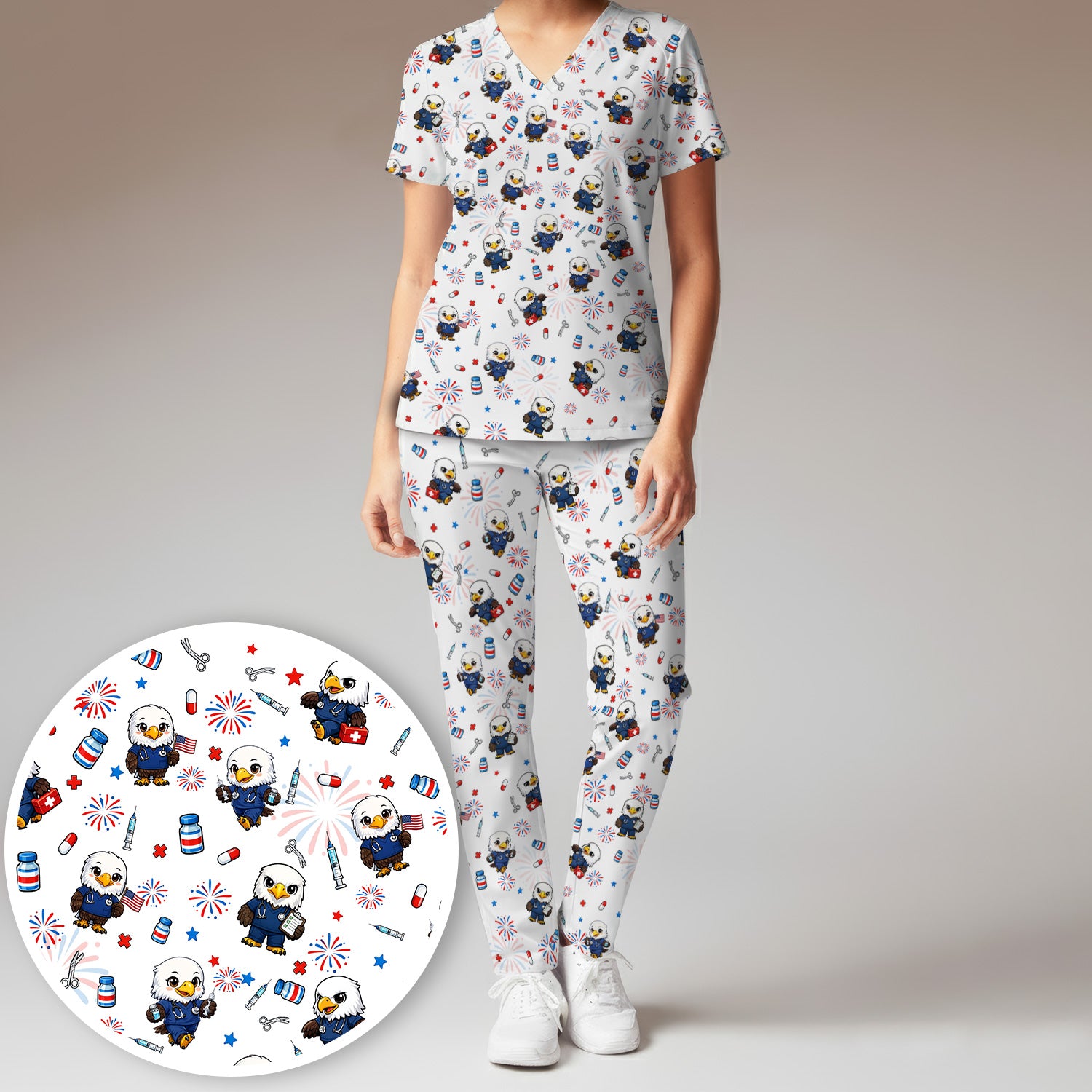 Patriotic Nurse Eagle Fireworks Medical Pattern Scrub Set, Women's Scrub Sets