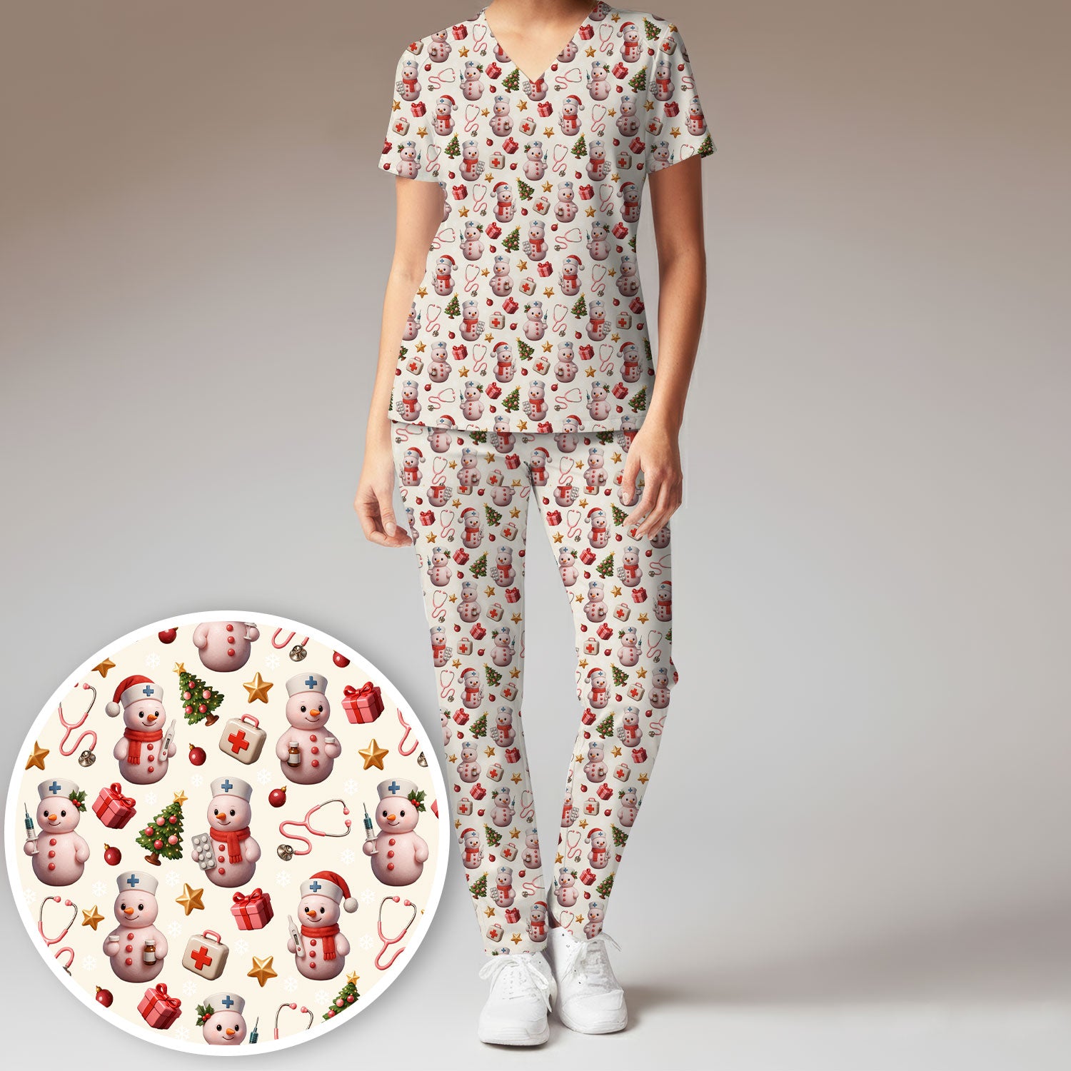 Snowman Pattern Christmas Scrub Set - Cute Holiday Medical Scrubs for Women - Funny Festive Nurse Gift for RN LPN CNA