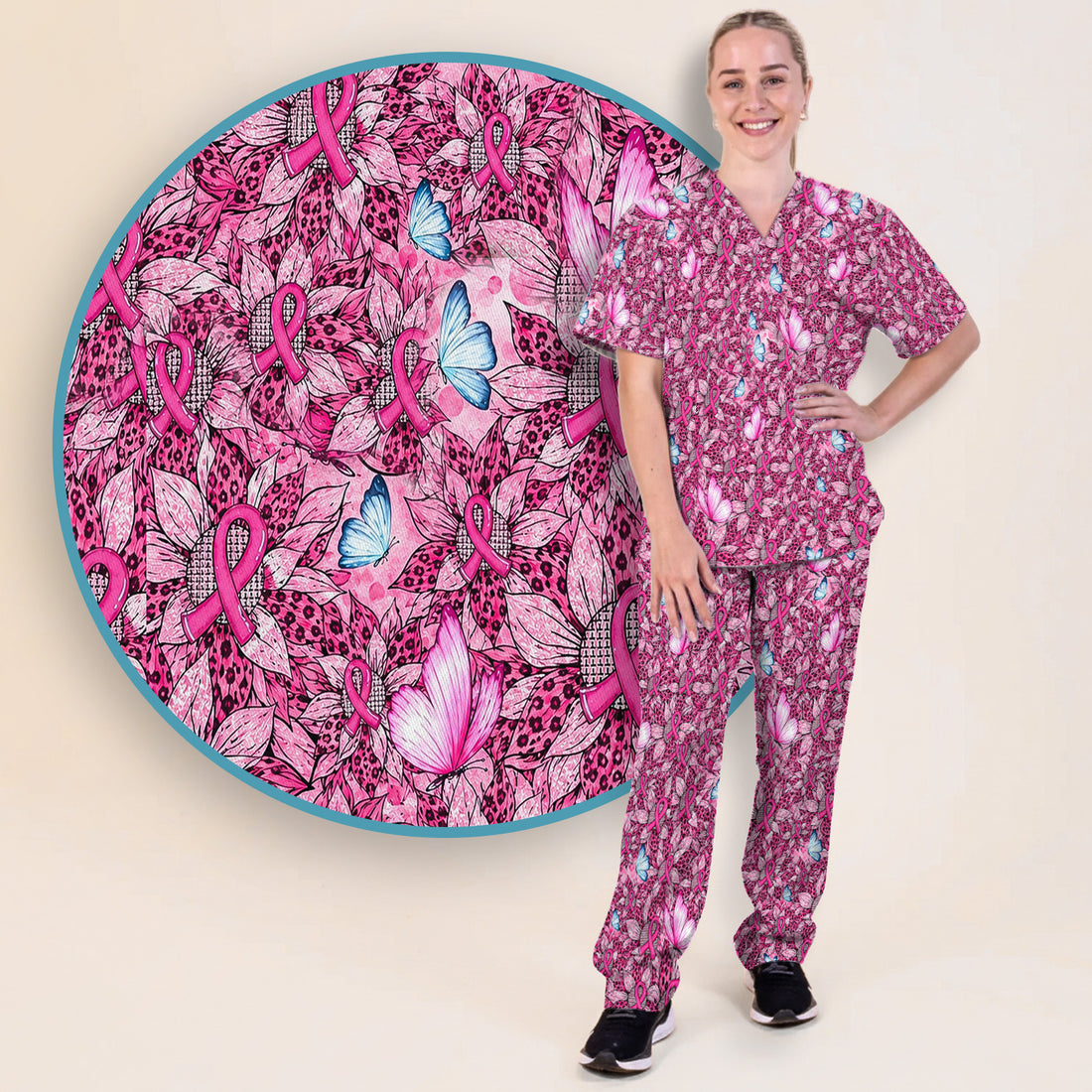 Pink Ribbon Butterfly Nurse Scrub Set, Scrub Pants and V Neck Top