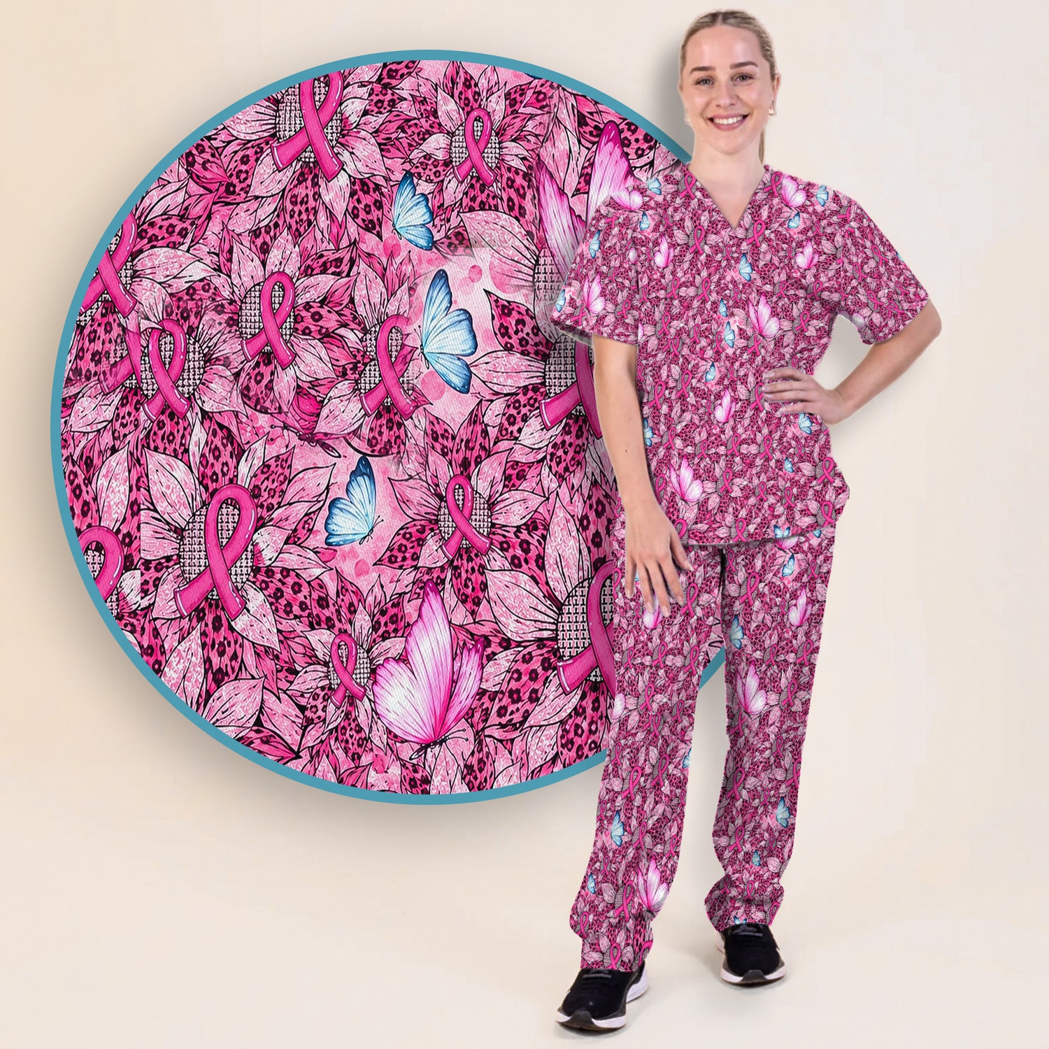 Pink Ribbon Butterfly Breast Cancer Scrub Set, Scrub Pants and V Neck Top