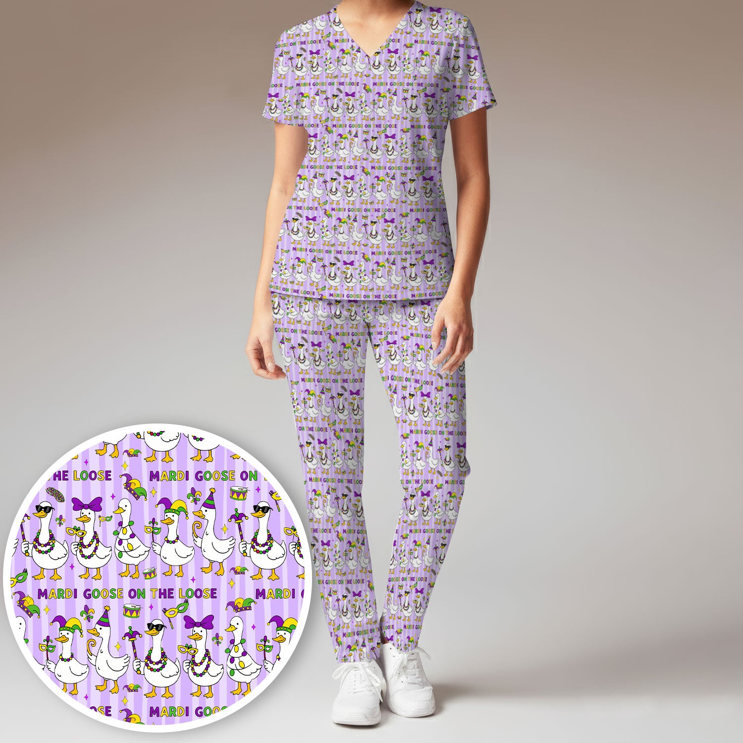 Mardi Gras Goose Nurse Scrub Set, Funny Carnival Medical Pattern Nurse Shirt, Breathable Fabrics Nursing Uniform