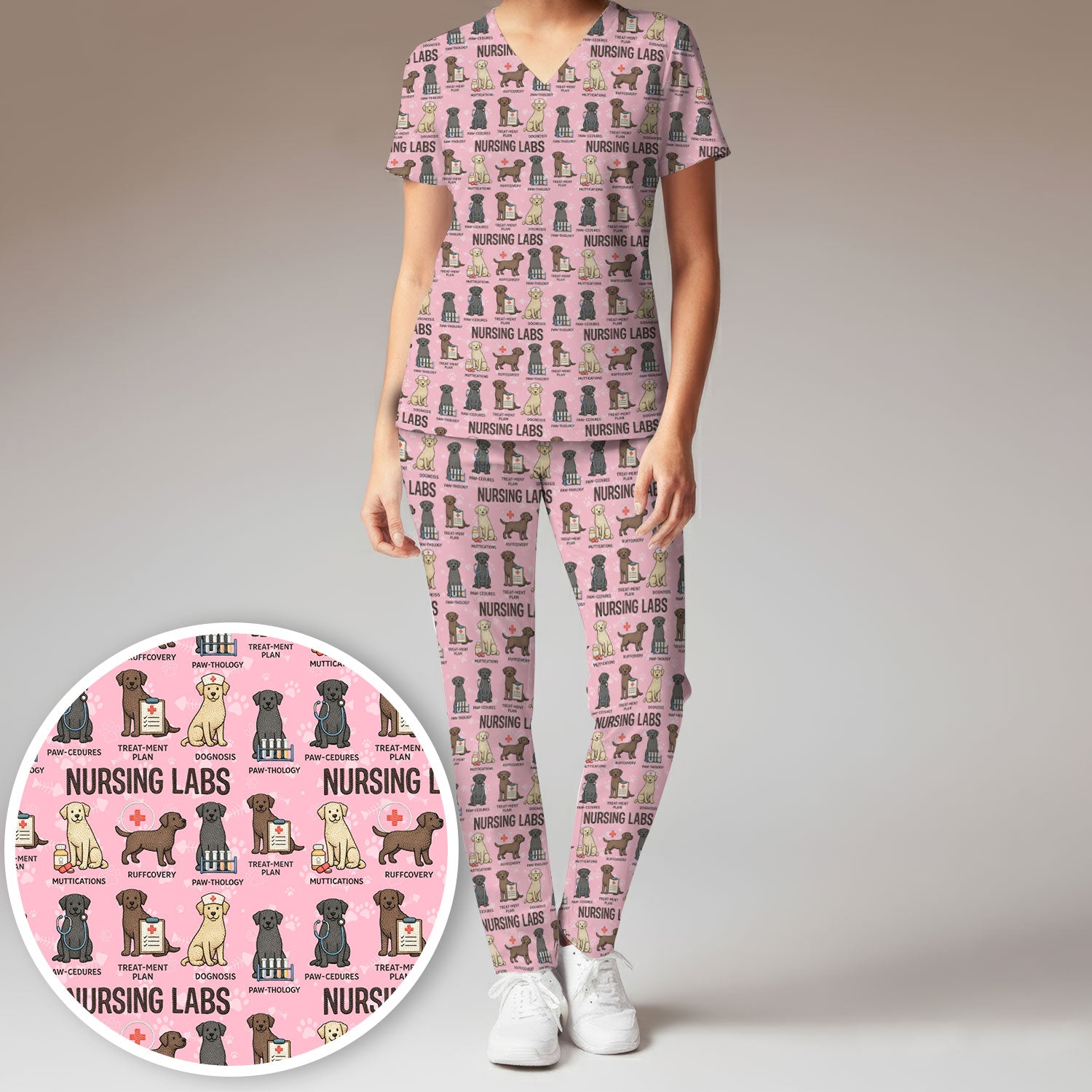 Playful Nursing Labs Dog Pattern Scrub Set, Nurse Uniform Scrubs Set
