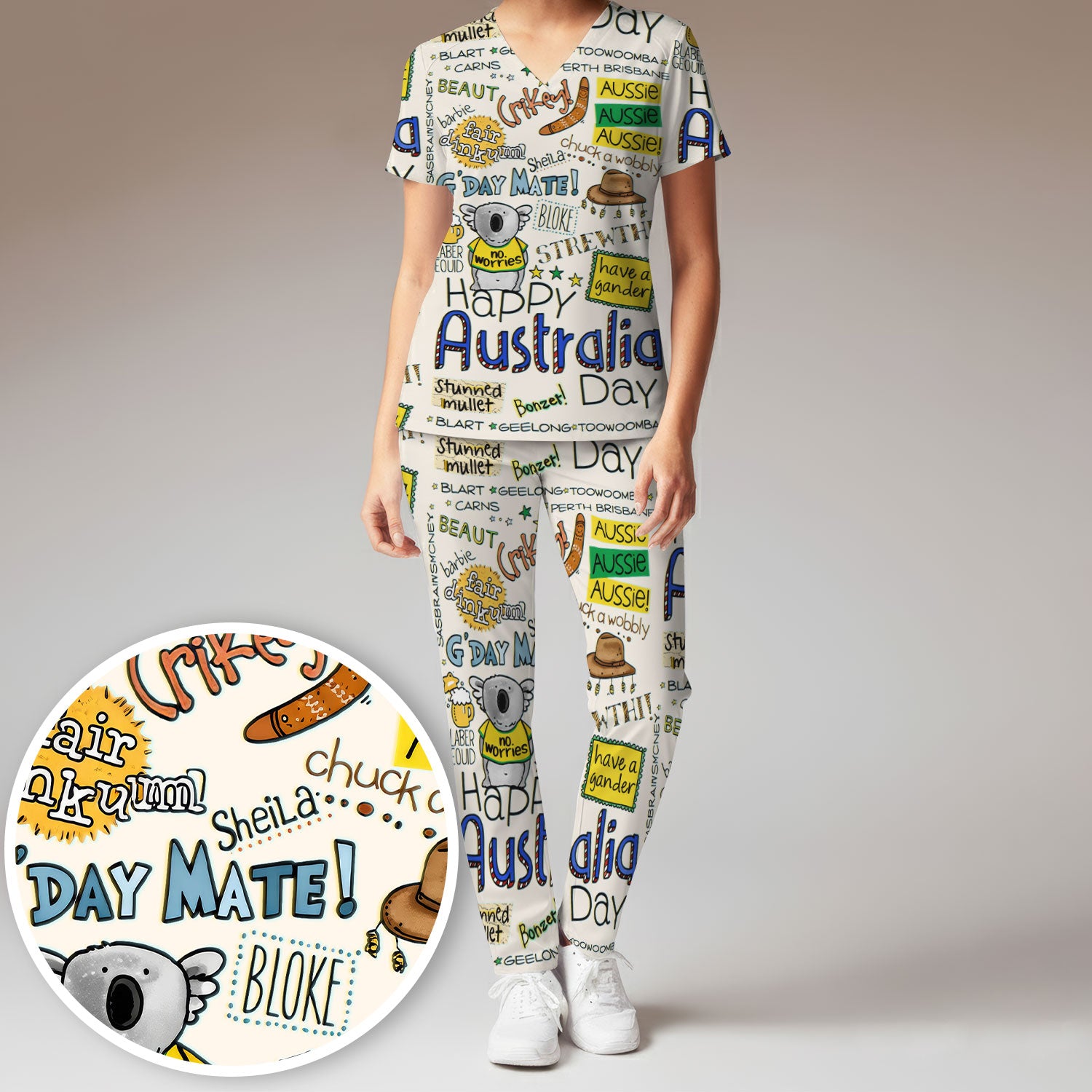 Cute Cartoon Koala Australia Pattern Medical Scrub Set, Breathable Med Uniform