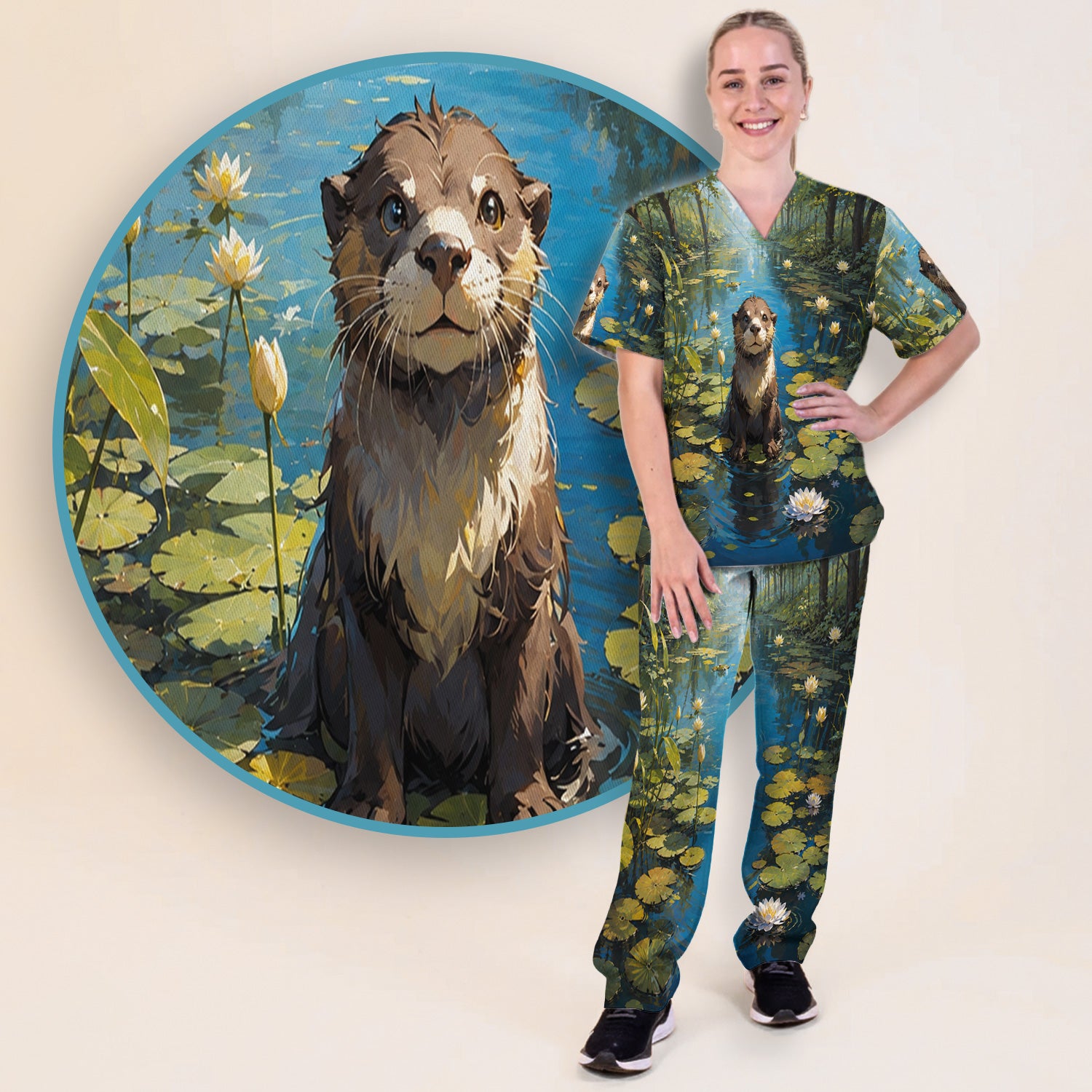 Cute Otter Pond Pattern Scrub Set, Scrub Pants and V Neck Top