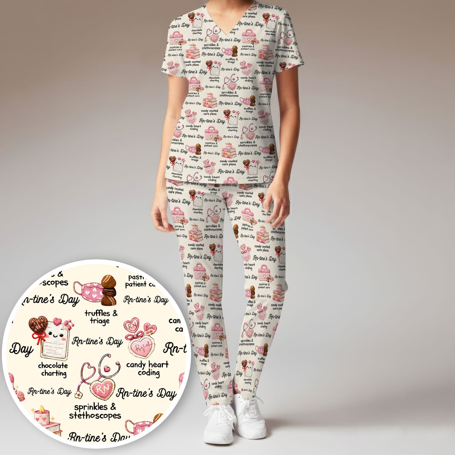 RN Sweets Valentine Stethoscope Scrub Set, Scrub Pants and V Neck Top