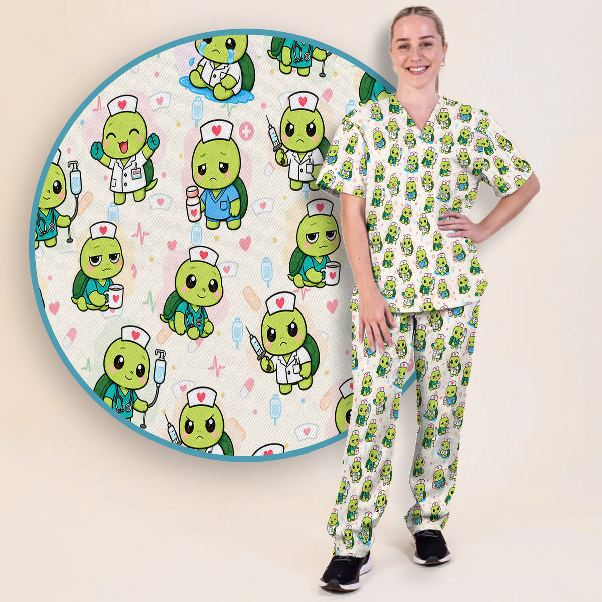 Cute Nurse Turtle Medical Icons Scrub Set, Scrub Pants and V Neck Top