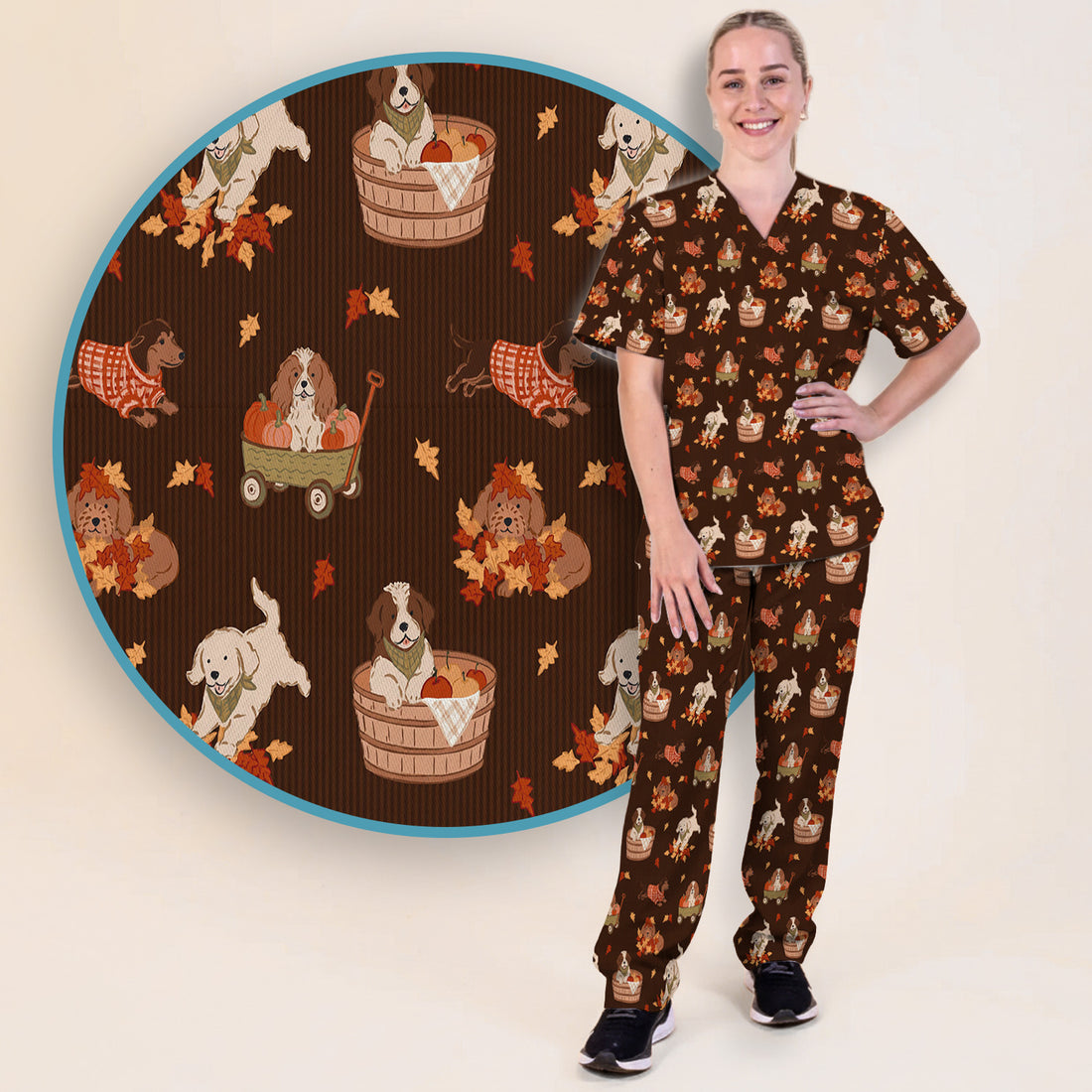 Cute Autumn Dogs And Falling Leaves Scrub Set, Scrub Pants and V Neck Top