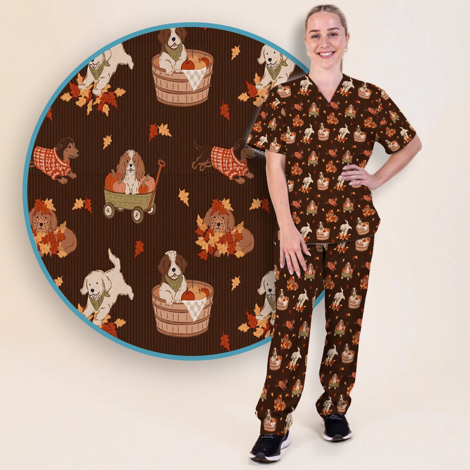 Cute Autumn Dogs And Falling Leaves Scrub Set, Scrub Pants and V Neck Top