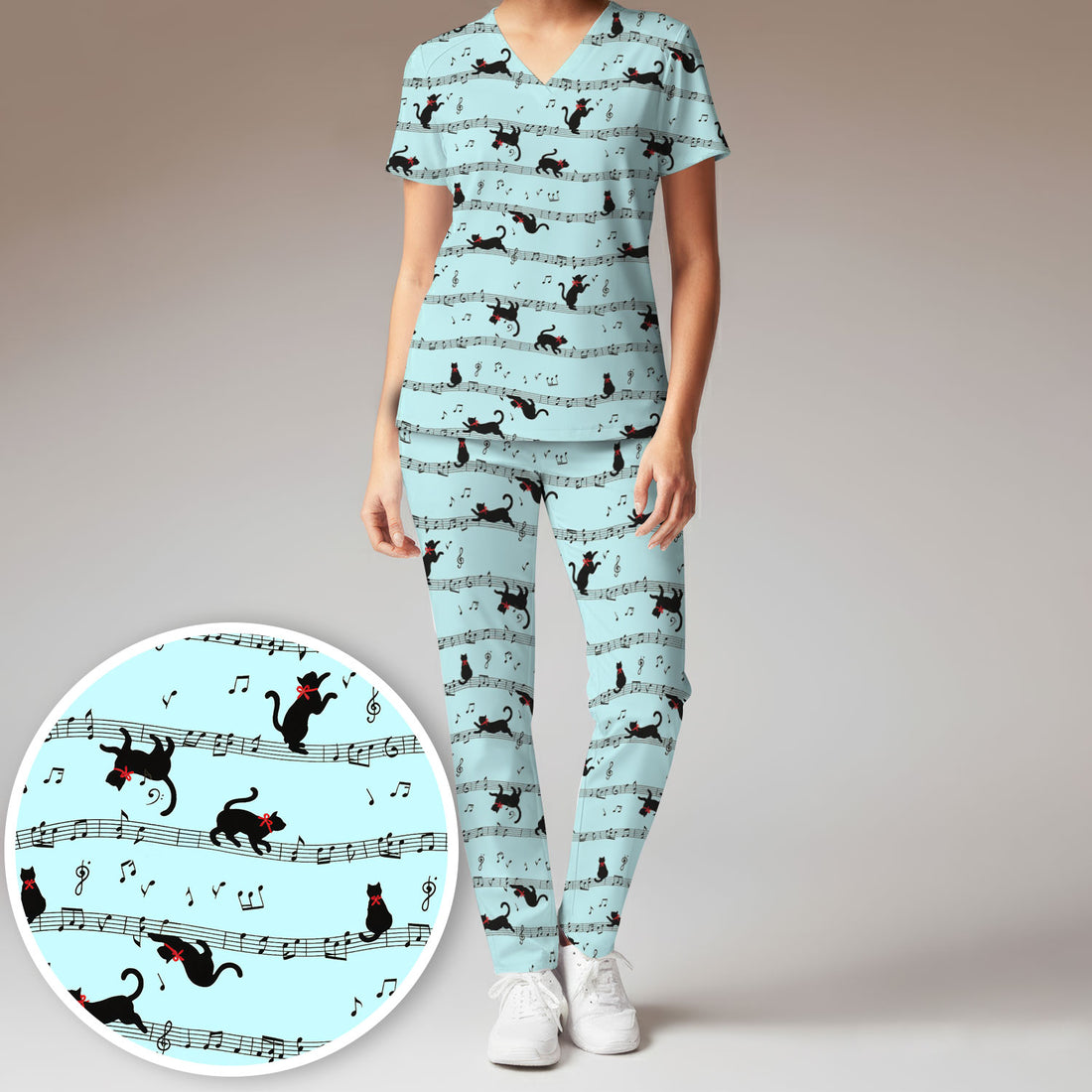 Cute Dancing Black Cat Music Staff Pattern Scrub Set, Scrub Pants and V Neck Top