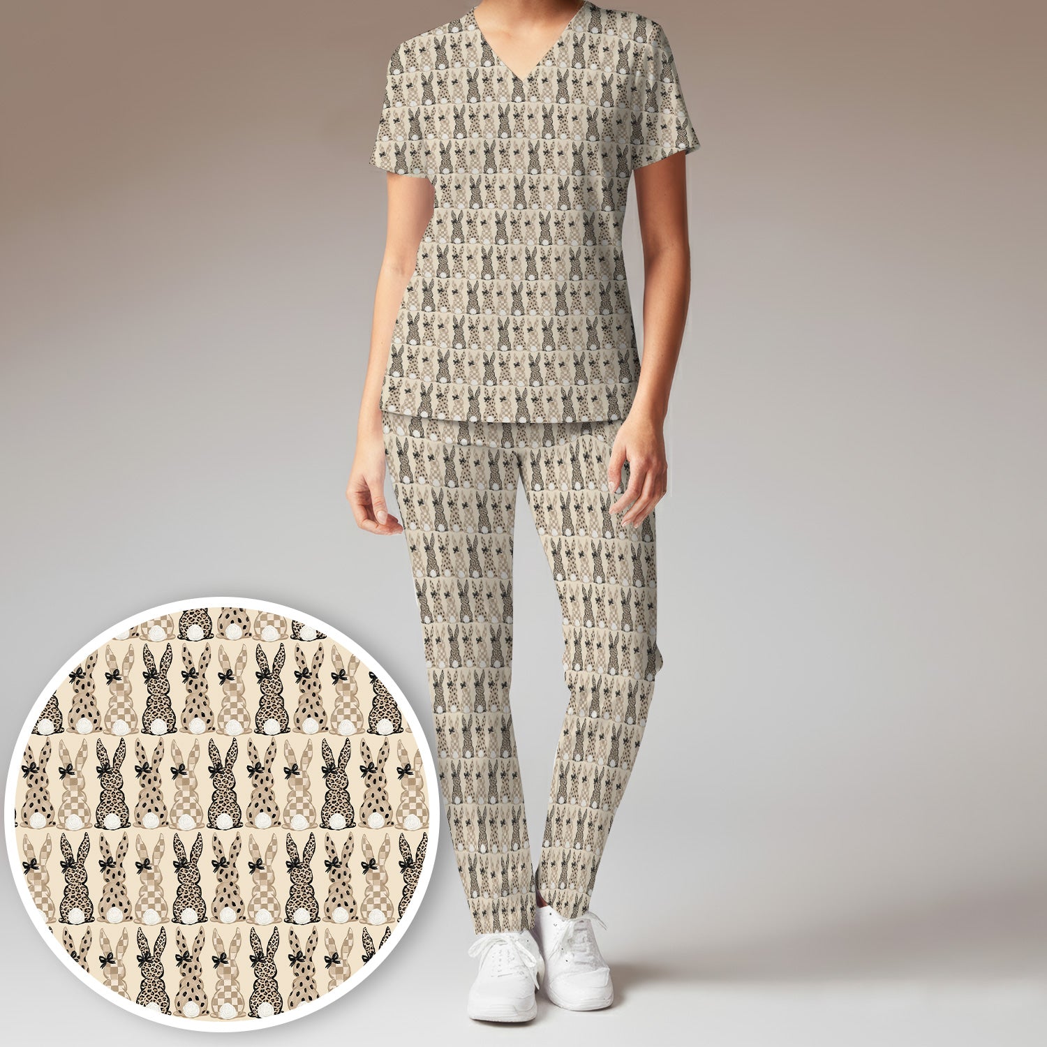 Vintage Bunny Pattern Beige Scrub Set, Scrub Pants and V Neck Top