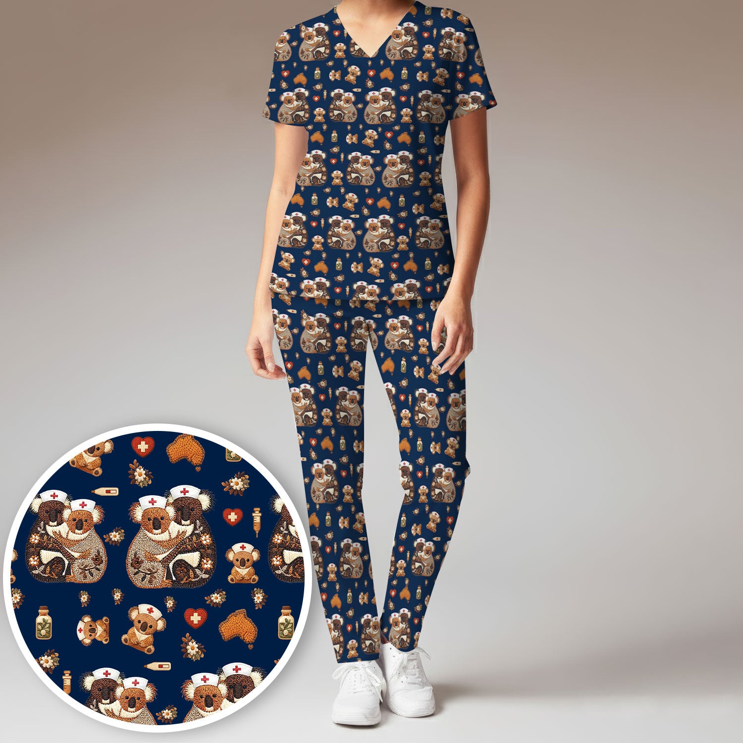 Cute Cartoon Koala Valentine Nurse Design Scrub Set, Breathable Med Uniform