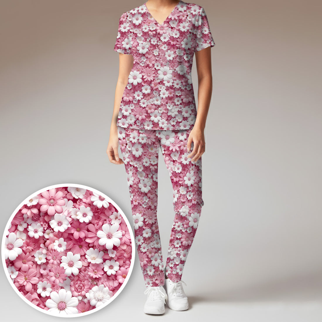 Cute Daisy Flower Bloom Pattern Scrub Set, Scrub Pants and V Neck Top