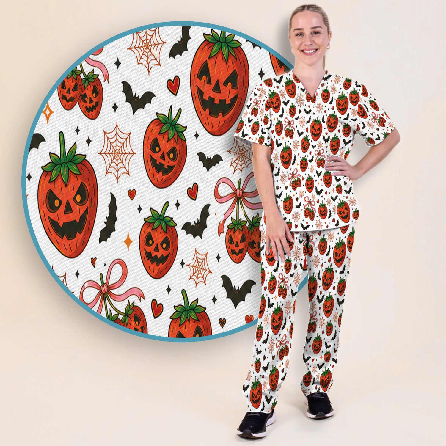 Sweet Halloween Strawberry Jack O Lanterns Scrub Set, Scrub Pants and V Neck Top