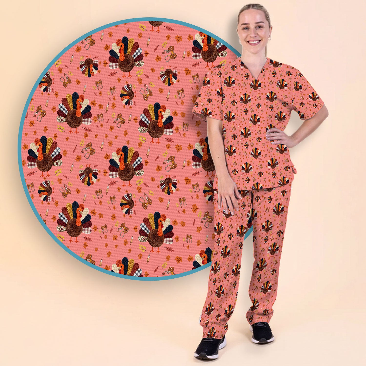 Thanksgiving Women's Scrub Sets - Funny Autumn Turkey Pants and V Neck Top - Breathable Fabrics Nursing Uniform