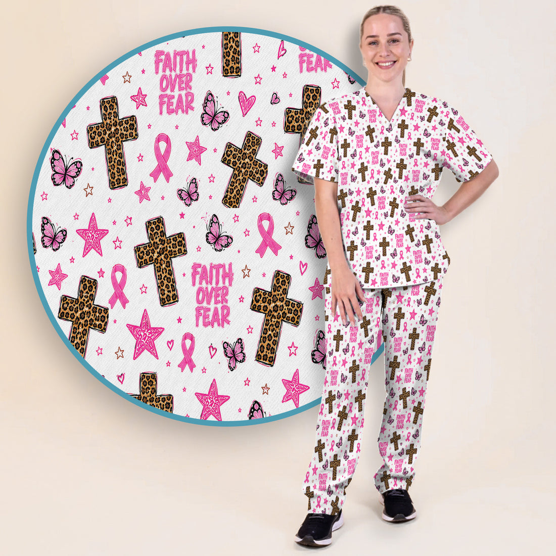 Faith Over Fear Breast Cancer Scrub Set, Scrub Pants and V Neck Top