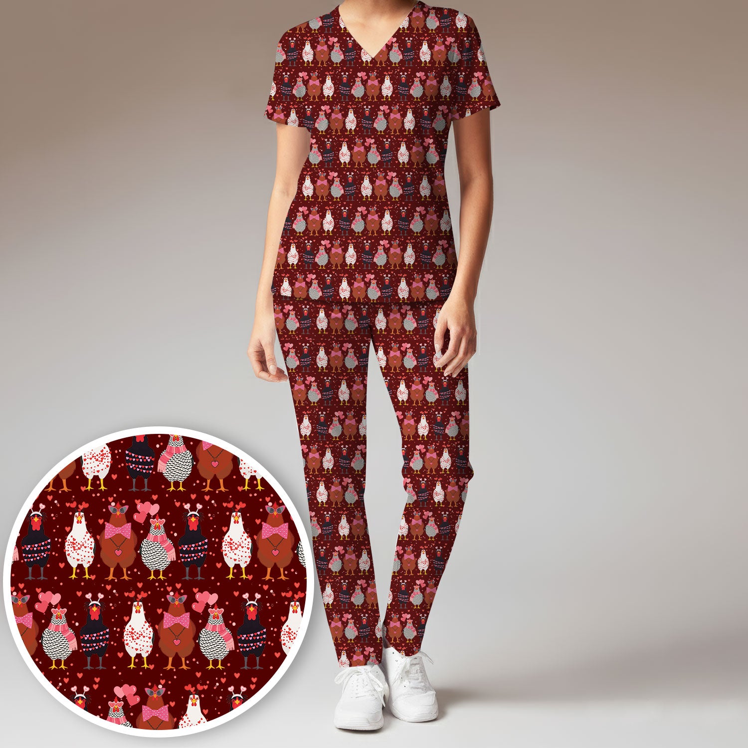 Funny Chicken Valentine Scrub Set, Chicken Pattern Scrub Shirt For Nursing, Valentine Gift For Nurse