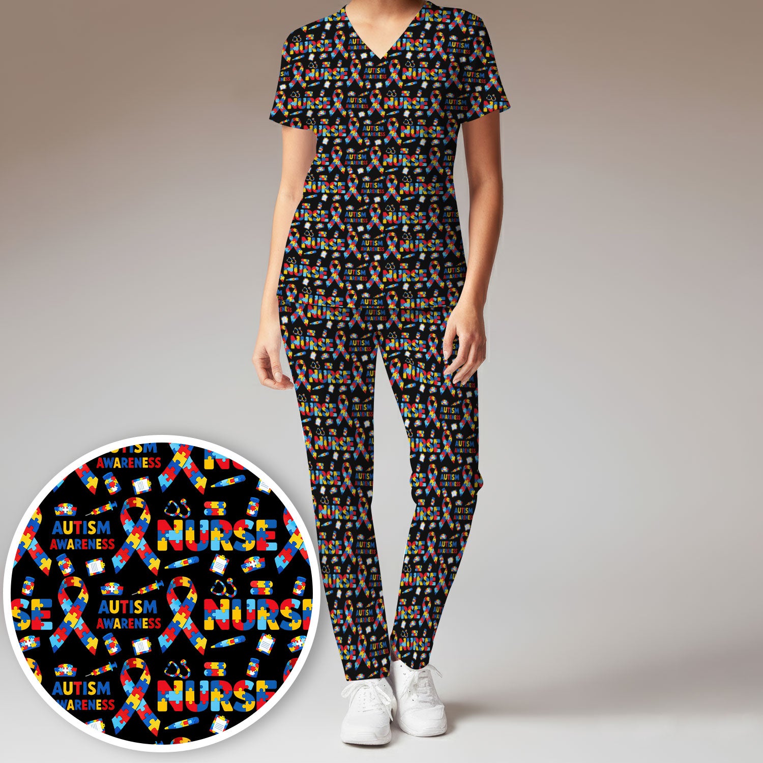 Autism Awareness Nurse Puzzle Ribbon Print Sets,  Breathable Med Uniform