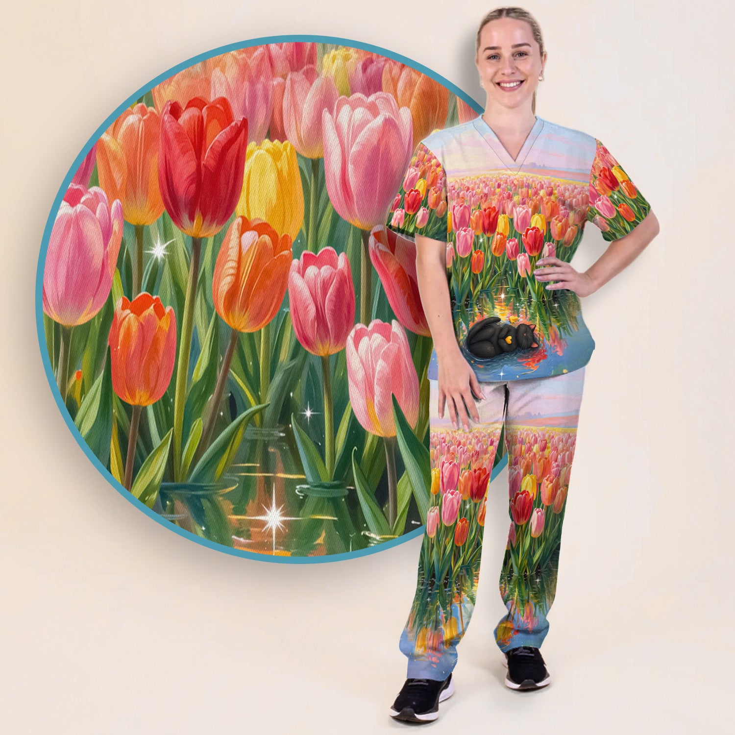 Sleeping Black Cat In Tulip Flower Field Scrub Set, Scrub Pants and V Neck Top
