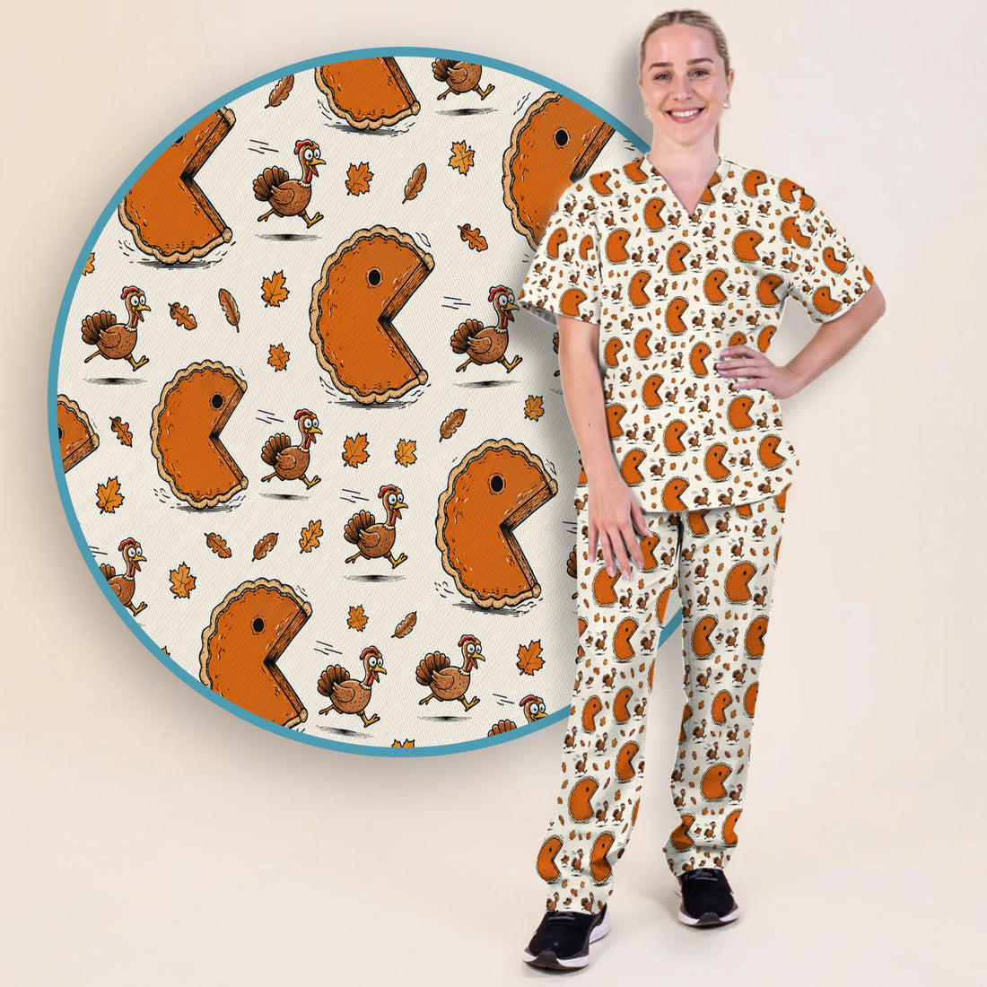 Thanksgiving Pie Chasing Turkey Scrub Set, Scrub Pants and V Neck Top