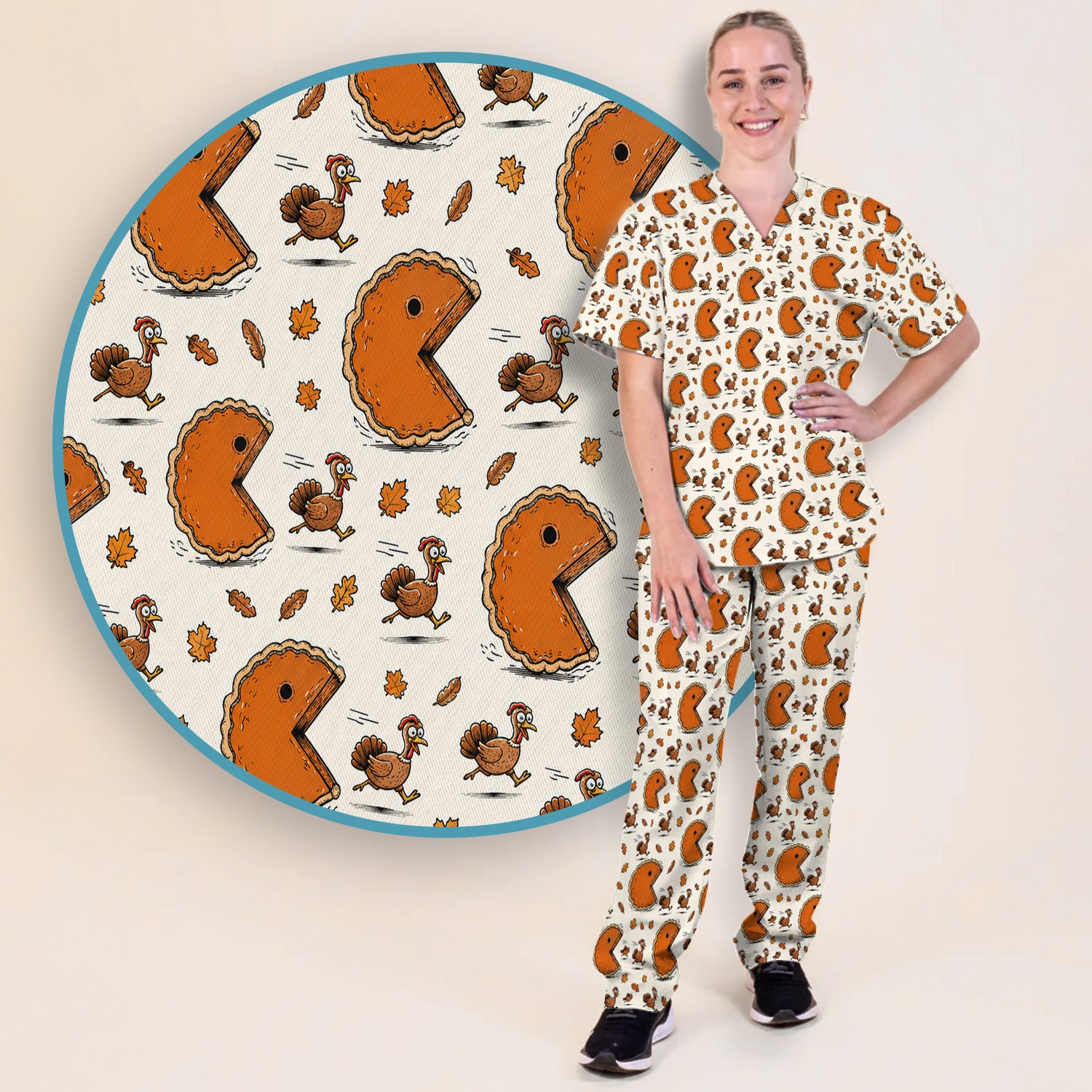 Thanksgiving Pie Chasing Turkey Scrub Set, Scrub Pants and V Neck Top