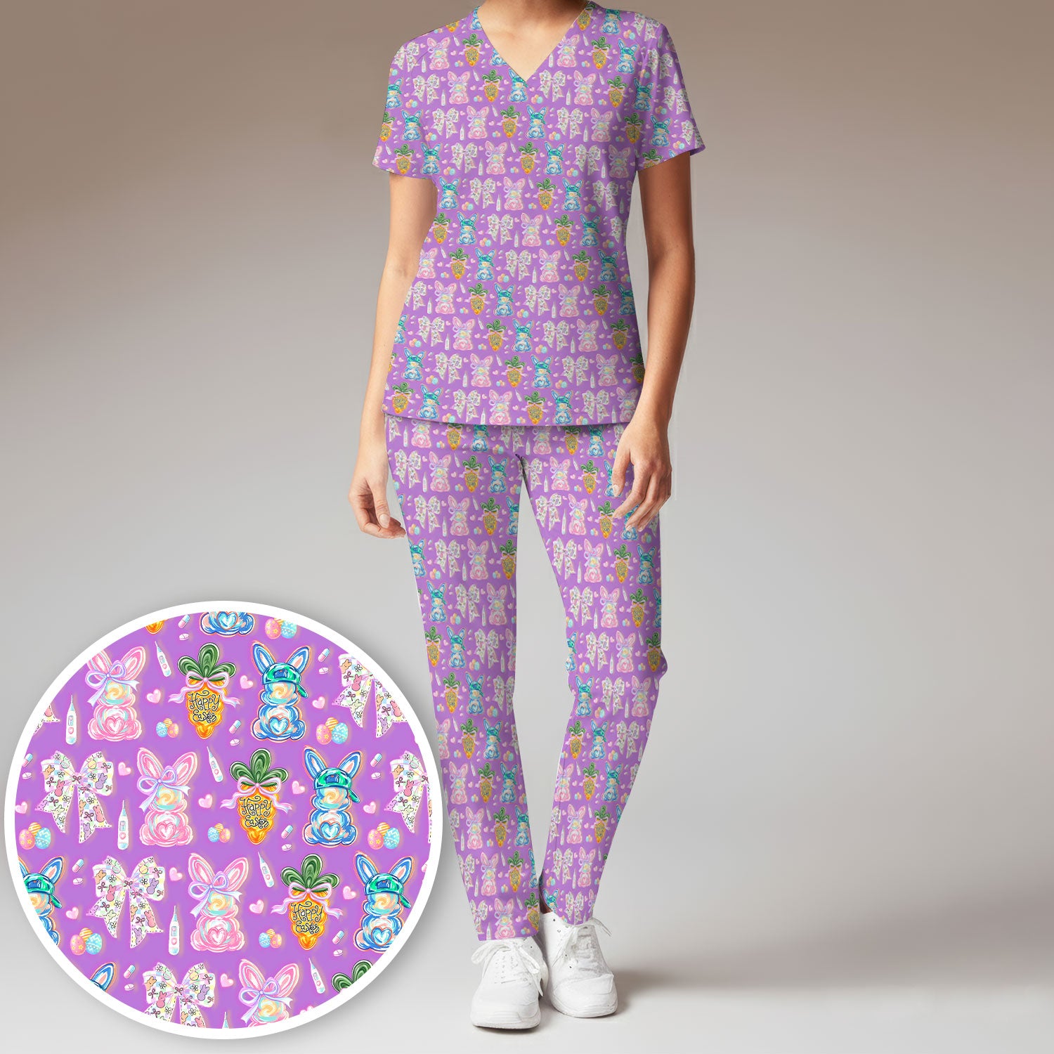 Easter Bunny Carrot Bow Floral Print Scrub Set, Breathable Med Uniform