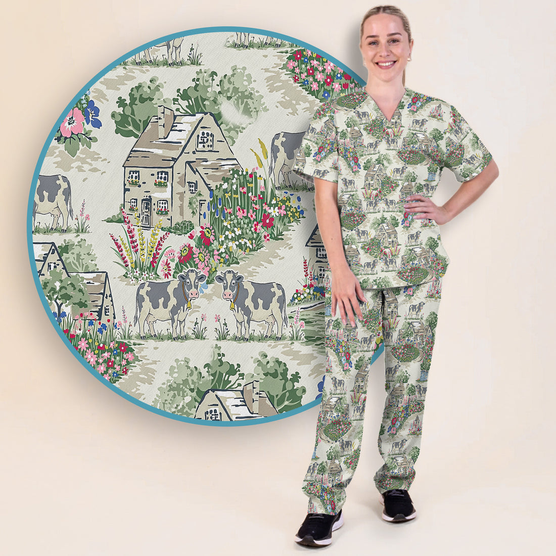 Charming Countryside Cows Cottage Garden Pattern Scrub Set, Scrub Pants and V Neck Top