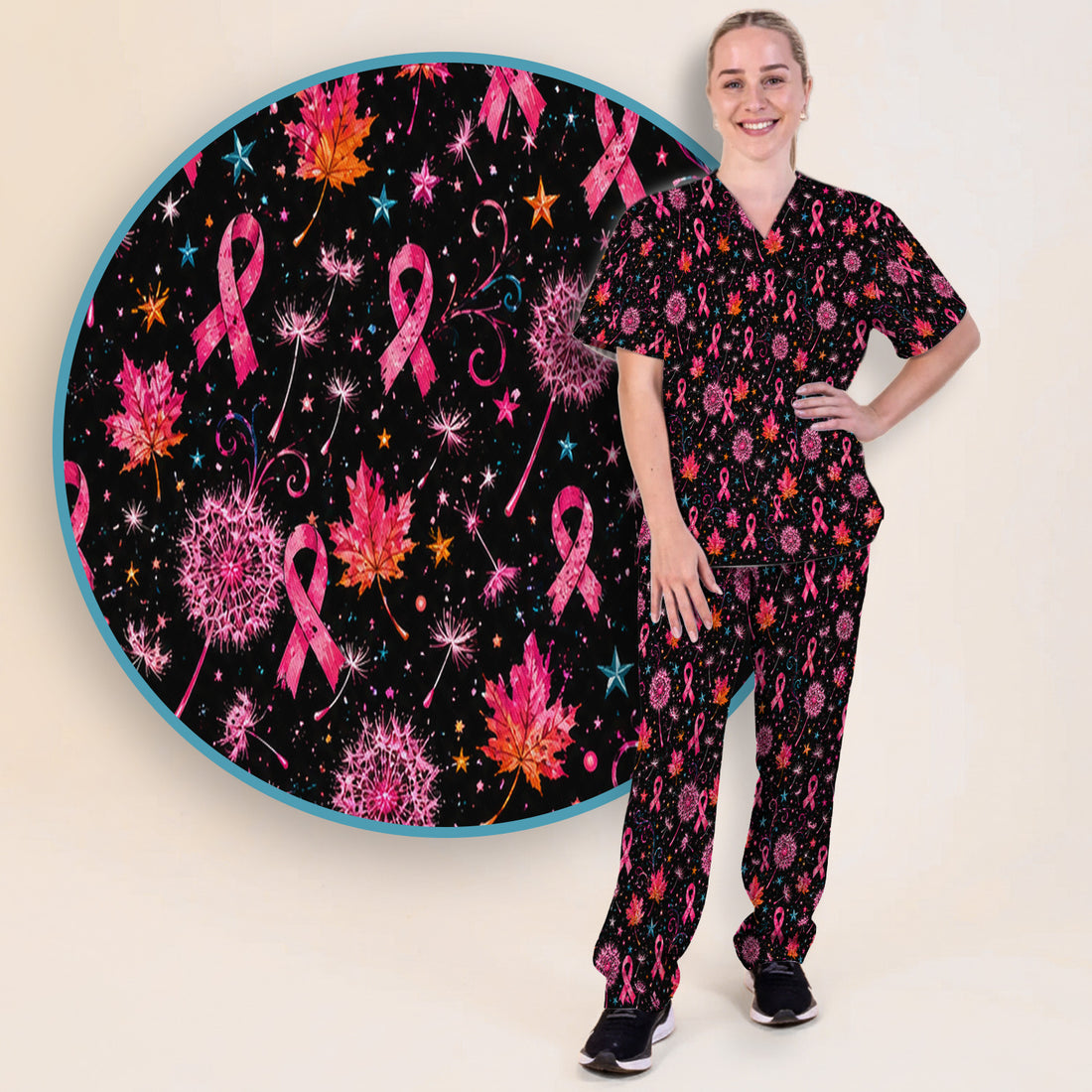 Breast Cancer Awareness Pink Ribbon Fall Scrub Set, Scrub Pants and V Neck Top