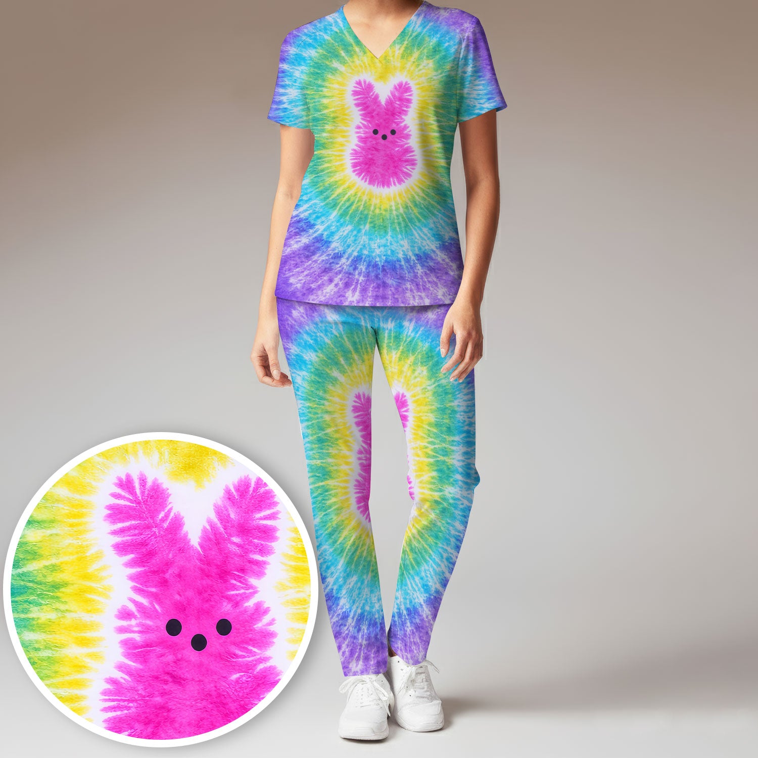 Easter Peep Tie Dye Scrub Set, Easter Bunny Nurse Shirt For Women, Breathable Fabrics Nursing Uniform
