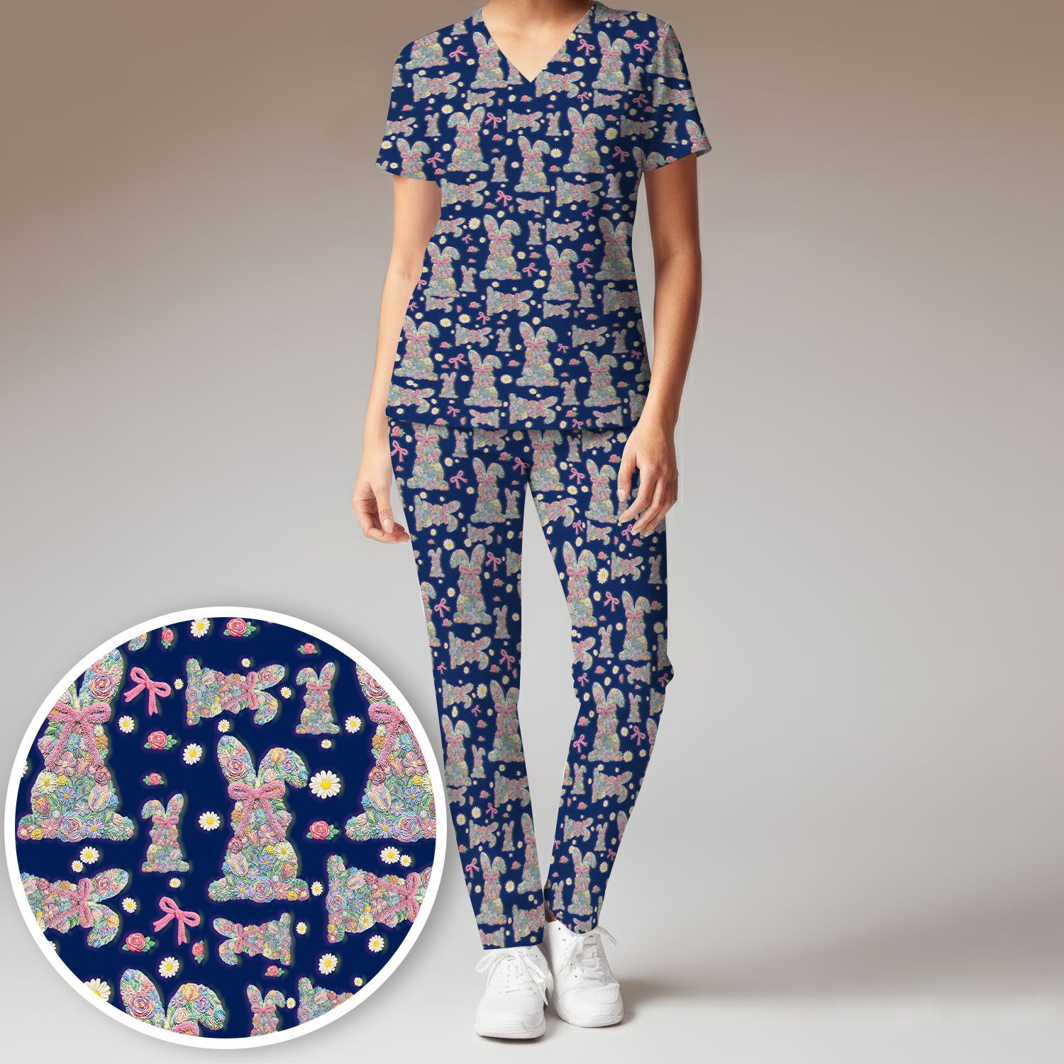 Colorful Floral Bunny with Pink Bow Pattern Scrub Set, Breathable Med Uniform