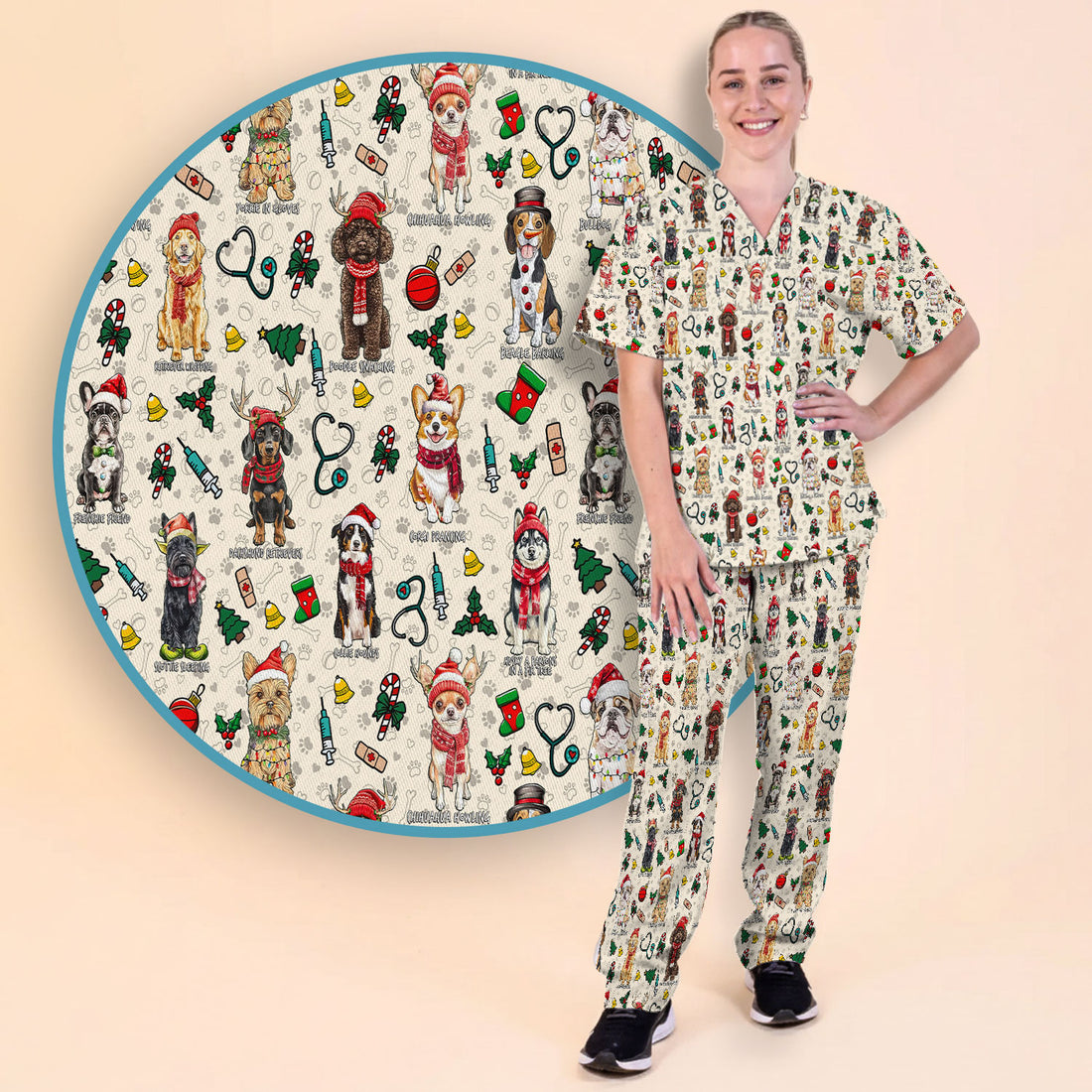 Christmas Dog Scrub Set for Nurses - Dachshund, Husky, Poodle, Corgi & Labrador Holiday Scrub Top and Pants - Funny Santa Medical Shirt