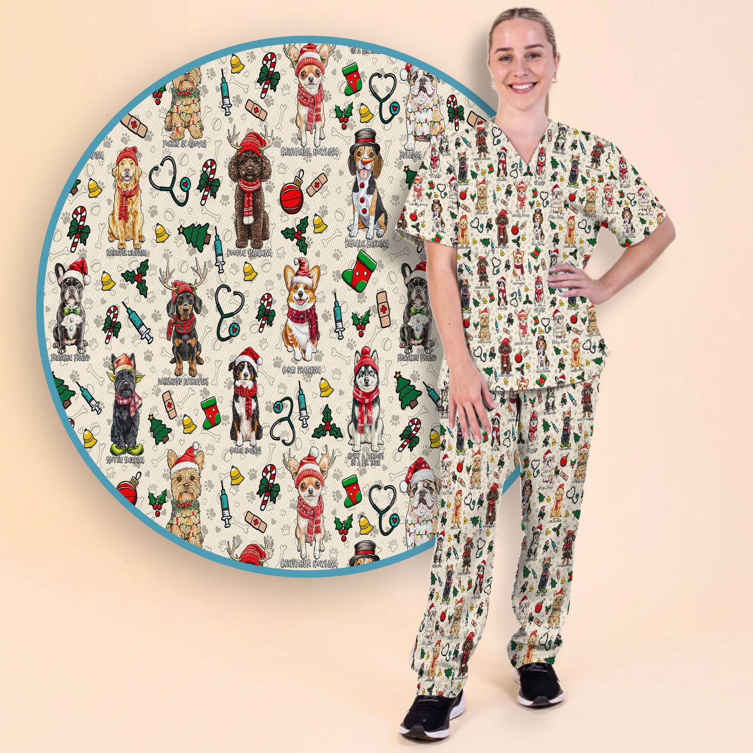 Christmas Dog Scrub Set for Nurses - Dachshund, Husky, Poodle, Corgi & Labrador Holiday Scrub Top and Pants - Funny Santa Medical Shirt